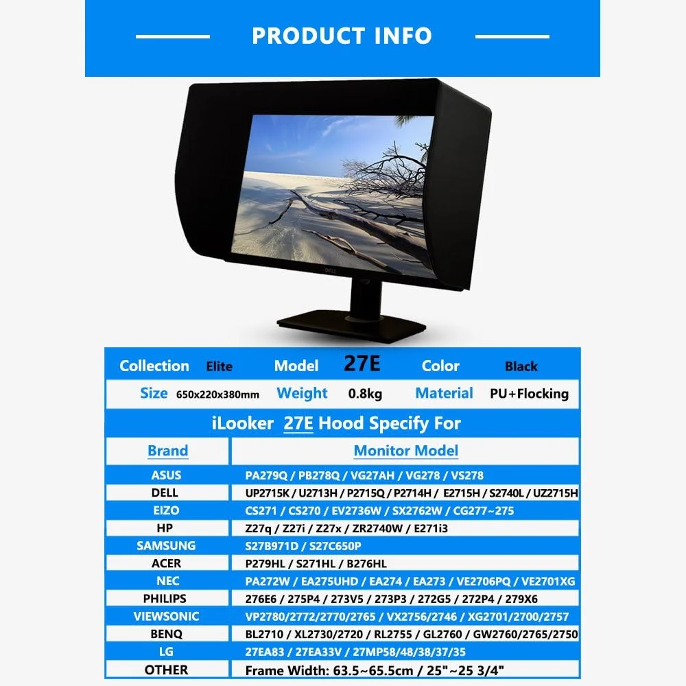 آفتابگیر مانیتور LCD LED مدل iLooker-27E سایز 27 اینچ مناسب برای مانیتورهای Dell HP Viewsonic Philips Samsung LG EIZO NEC ASUS ACER BENQ AOC LENOVO و سازگار با عرض قاب 635-655 میلی‌متر