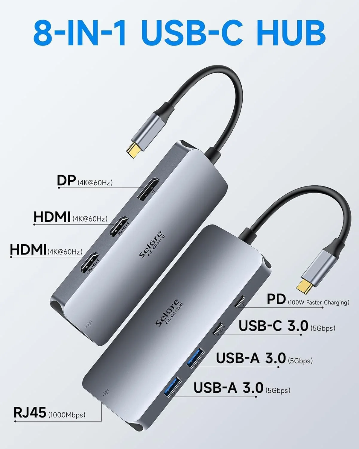 داک استیشن USB C سلور، داک هاب USB C مانیتور دوگانه 8 در 1، داک استیشن آداپتور چند پورت 3 مانیتور با PD 100W، HDMI 4K@60Hz، DisplayPort، اترنت 1 گیگابیت بر ثانیه، پورت های USB 3.0 برای مک دل HP لنوو
