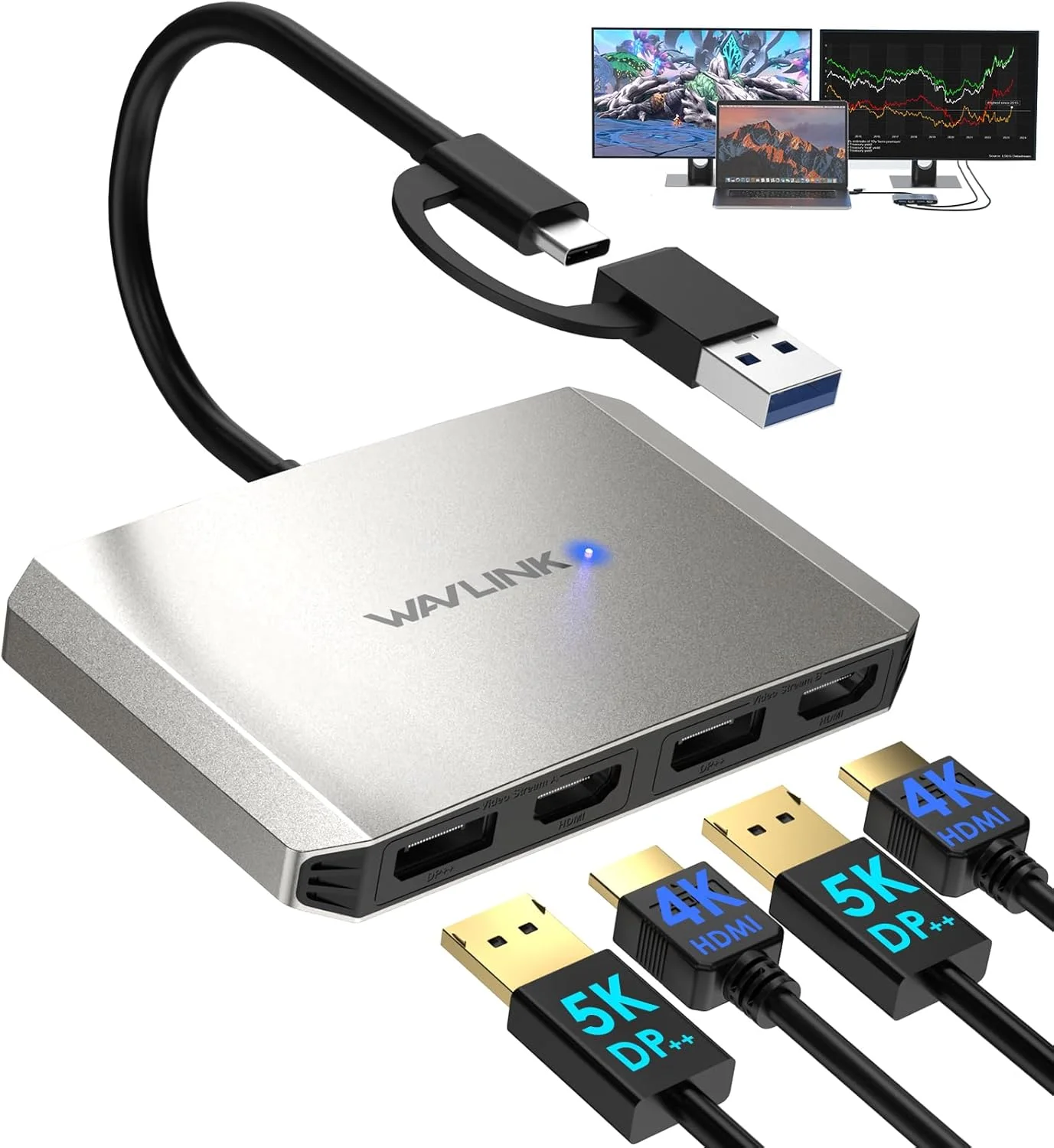 آداپتور USB 3.0/USB C به DisplayPort و HDMI ویولینک، هاب مانیتور دوگانه 5K/4K با نرخ 60 هرتز DisplayLink برای Dell HP Surface Lenovo، سازگار با ویندوز و M1/M2 Mac (نقره ای)