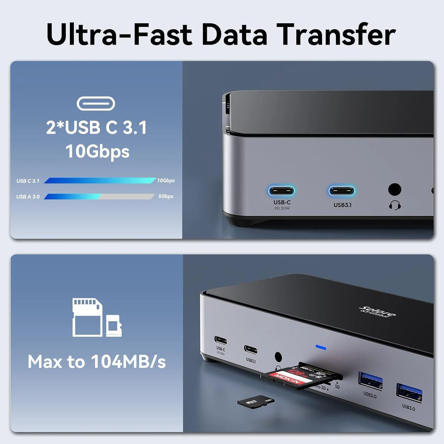 ایستگاه داکینگ USB C با سه مانیتور، 2 پورت HDMI DisplayPort 4K144Hz، USB A 2.0/3.0، USB C 3.1 10Gbps و خروجی 30W، اترنت، MicroSD و SD، صدا و میکروفون، منبع تغذیه 150W DC برای Dell/Lenovo/HP