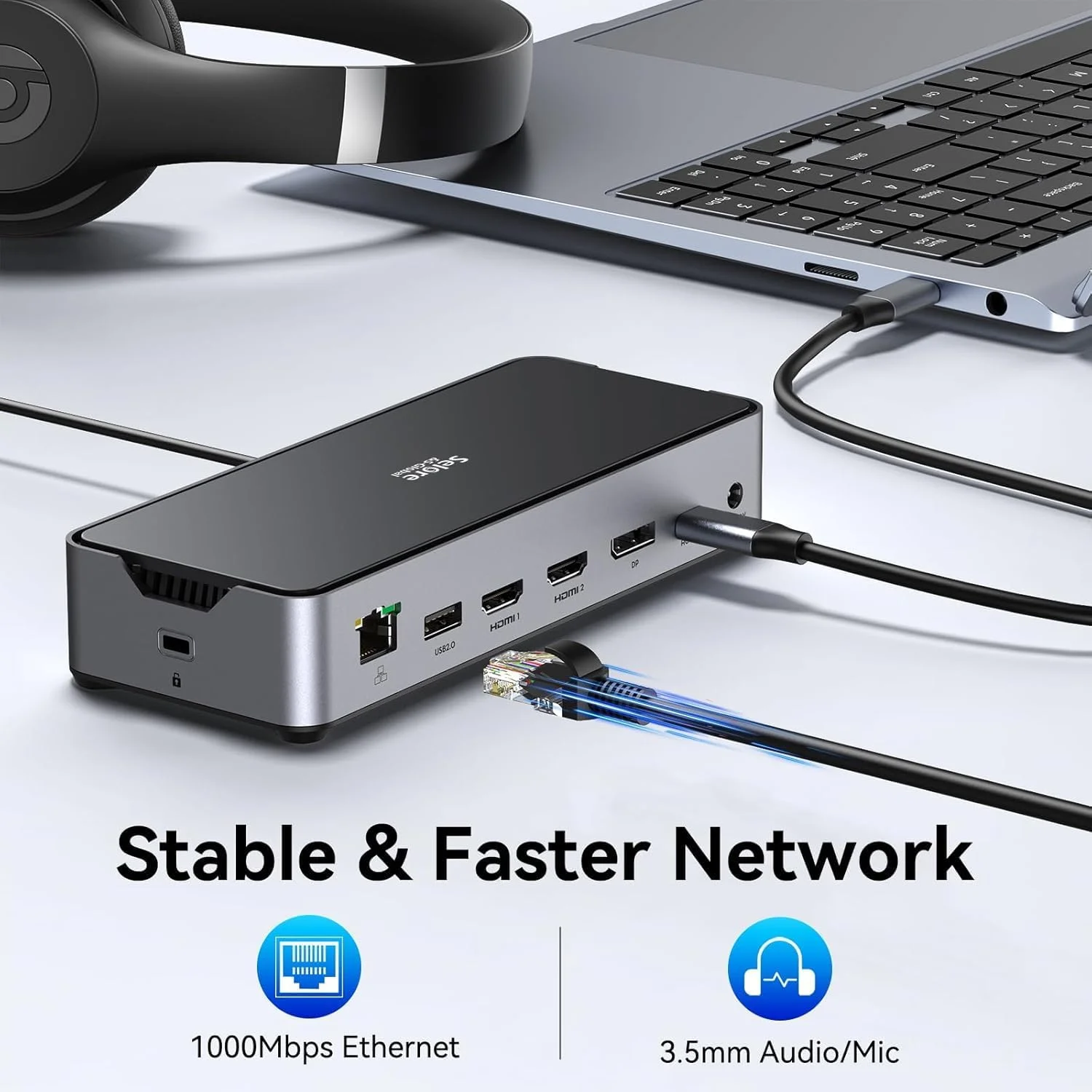 ایستگاه داکینگ USB C با سه مانیتور، 2 پورت HDMI DisplayPort 4K144Hz، USB A 2.0/3.0، USB C 3.1 10Gbps و خروجی 30W، اترنت، MicroSD و SD، صدا و میکروفون، منبع تغذیه 150W DC برای Dell/Lenovo/HP