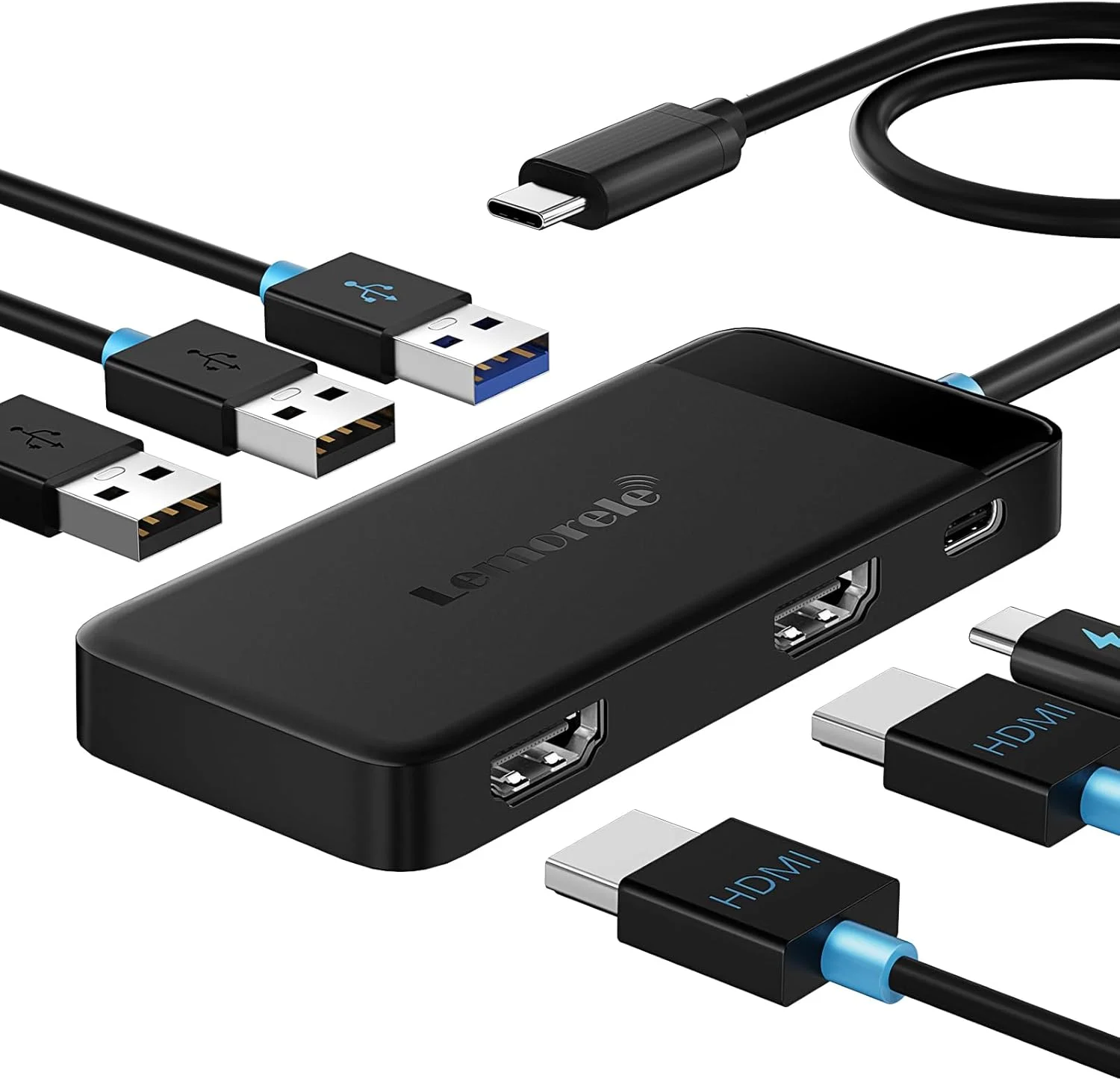 داک استیشن 6 در 1 Lemorele با مانیتور دوگانه - هاب USB C با 2 پورت HDMI 4K، 3 پورت USB 3.0 با سرعت 5 گیگابیت بر ثانیه، شارژ سریع USB C PD 100W - اتصال و استفاده آسان برای لپ تاپ های Dell Lenovo HP MacBook Surface
