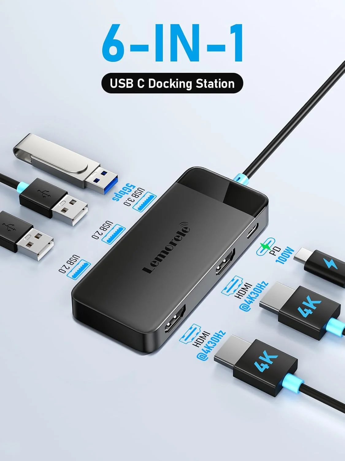 داک استیشن 6 در 1 Lemorele با مانیتور دوگانه - هاب USB C با 2 پورت HDMI 4K، 3 پورت USB 3.0 با سرعت 5 گیگابیت بر ثانیه، شارژ سریع USB C PD 100W - اتصال و استفاده آسان برای لپ تاپ های Dell Lenovo HP MacBook Surface داک استیشن 6 در 1 Lemorele با مانیتور دوگانه - هاب USB C با 2 پورت HDMI 4K، 3 پورت USB 3.0 با سرعت 5 گیگابیت بر ثانیه، شارژ سریع USB C PD 100W - اتصال و استفاده آسان برای لپ تاپ های Dell Lenovo HP MacBook Surface