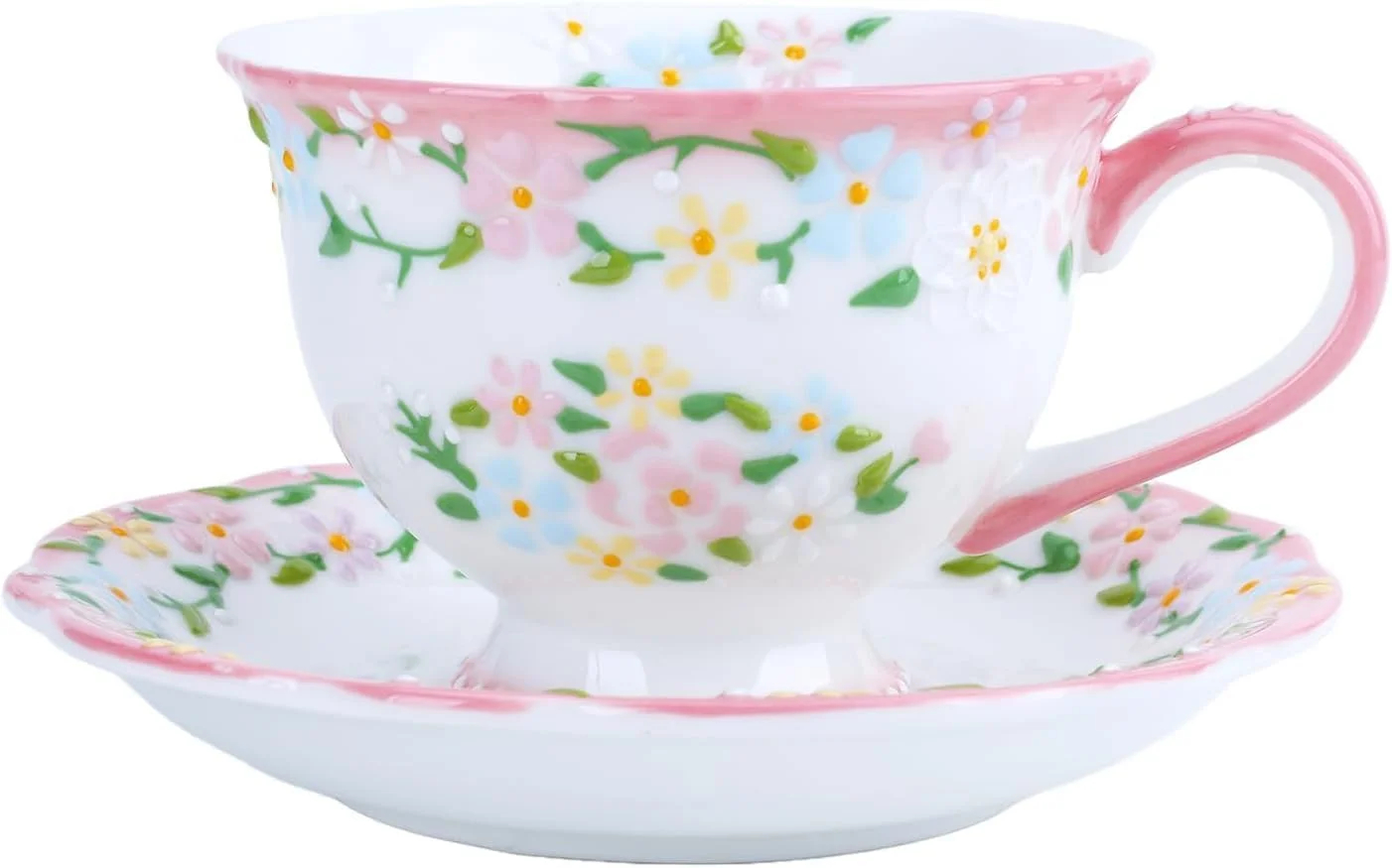 ست فنجان قهوه چینی، فنجان چای و نعلبکی 7 اونسی، فنجان اسپرسو سرامیکی دست ساز، ست فنجان چای با تزئین گل برجسته لعاب دار برای مهمانی بانوان یا هدیه کریسمس (1 ست، صورتی)