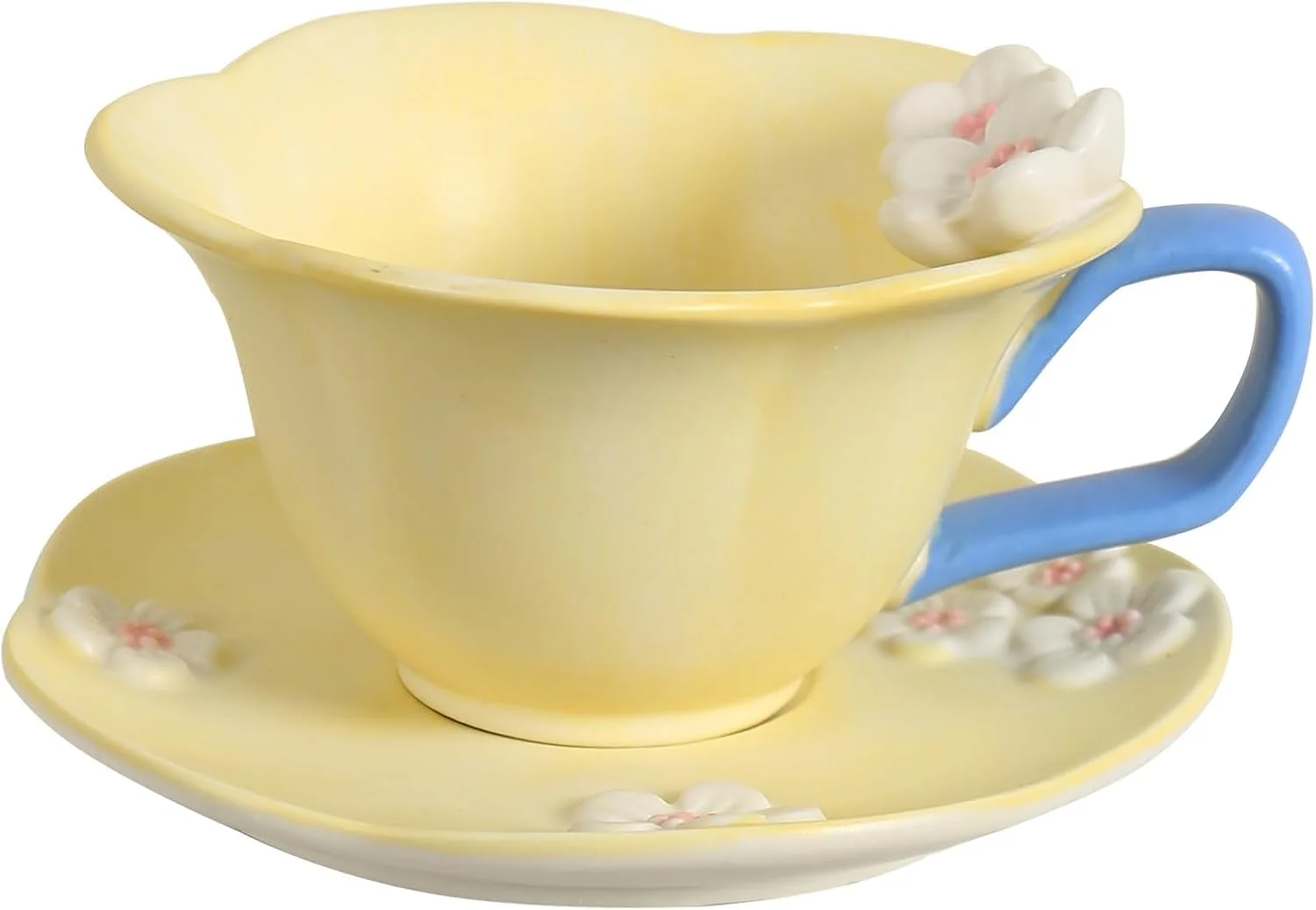 ست فنجان KASTWAVE، ست فنجان و نعلبکی چای گلدار، ماگ قهوه سرامیکی زیبا برای زنان، فنجان چای شیک برای مهمانی های چای، کاپوچینو، لاته و شیر، هدیه به سبک وینتیج (زرد)