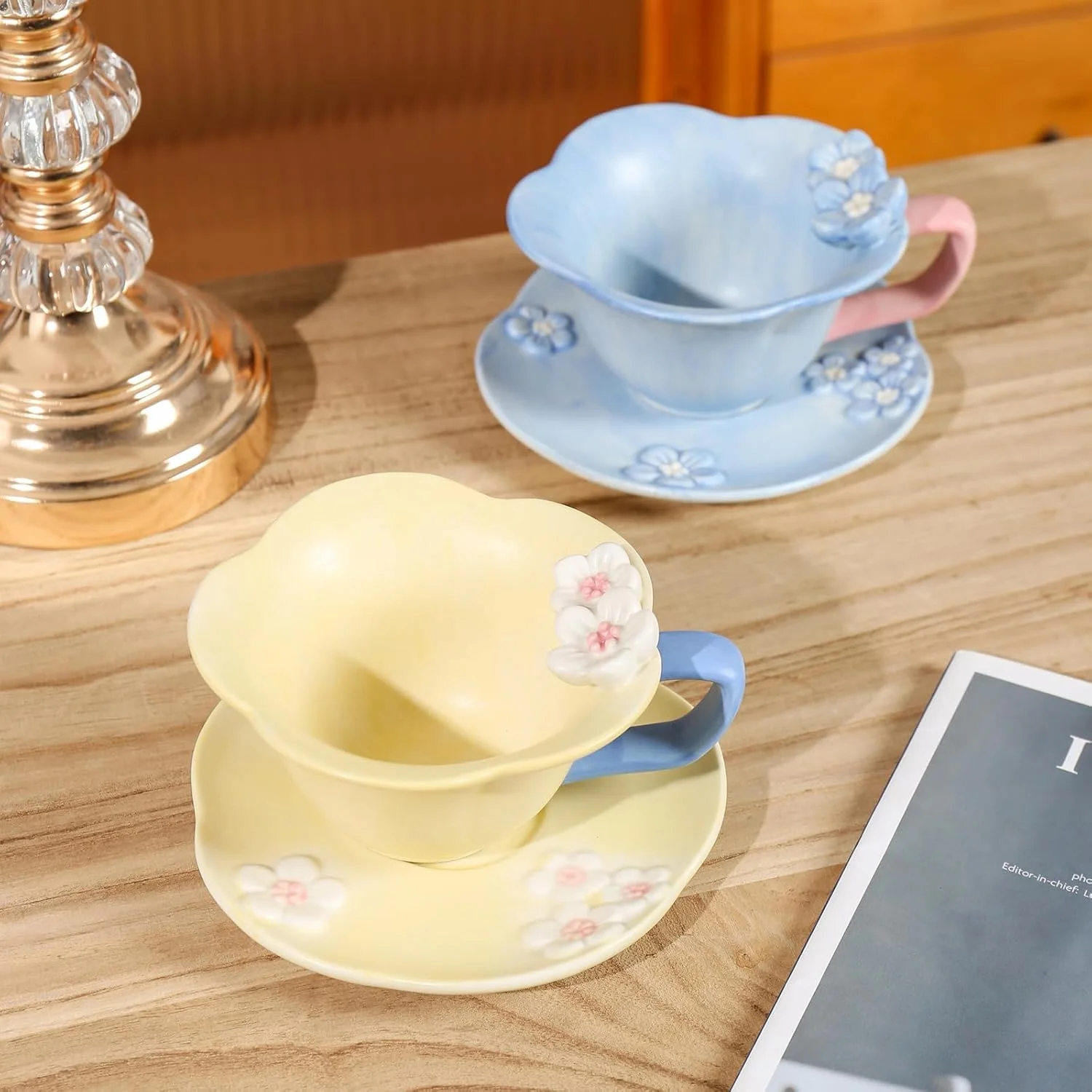 ست فنجان KASTWAVE، ست فنجان و نعلبکی چای گلدار، ماگ قهوه سرامیکی زیبا برای زنان، فنجان چای شیک برای مهمانی های چای، کاپوچینو، لاته و شیر، هدیه به سبک وینتیج (زرد)