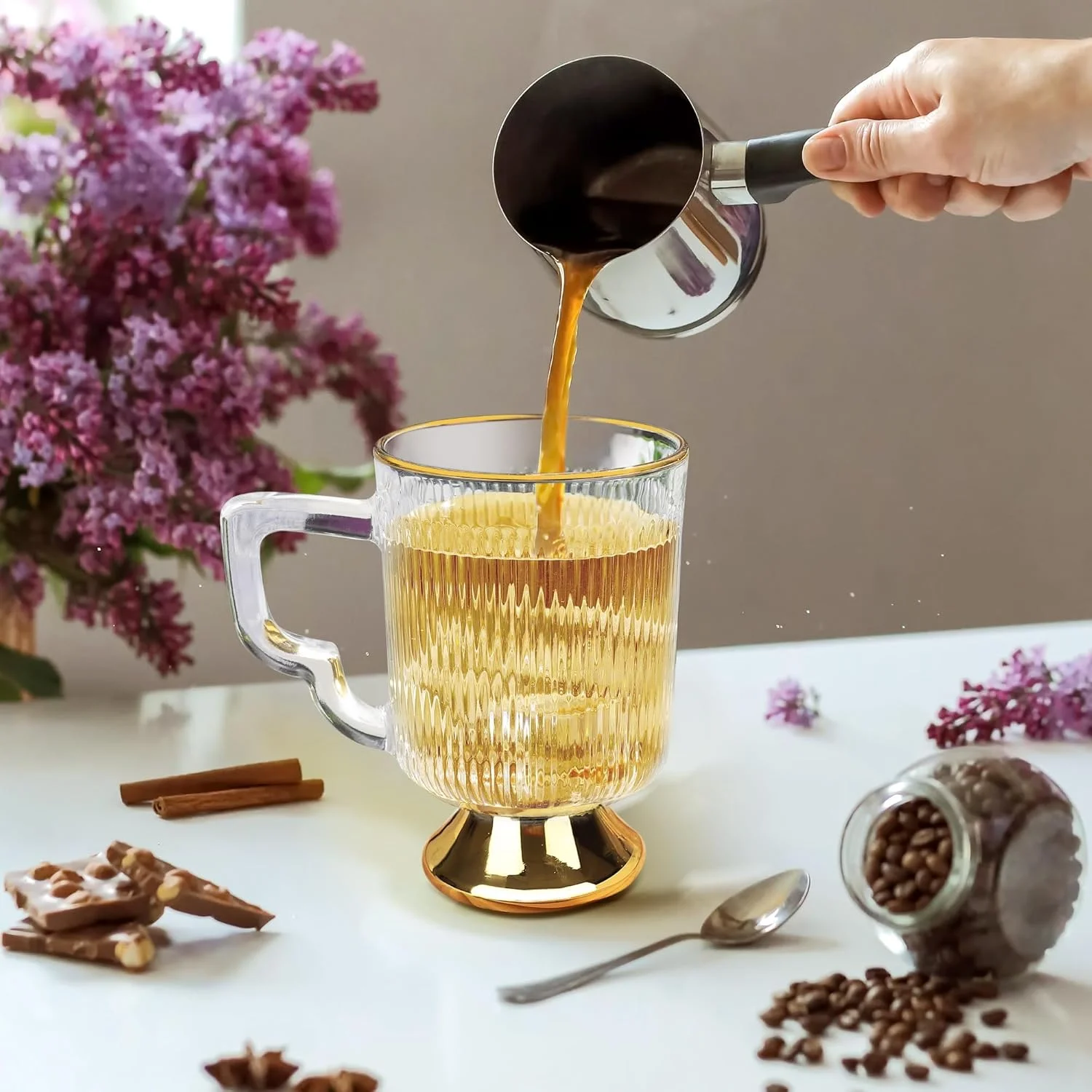 لیوان های قهوه شیشه ای با دسته، فنجان های قهوه شفاف راه راه قدیمی، فنجان های شیر لاته کاپوچینو اسپرسو، لیوان های نوشیدنی با لبه طلایی، 12 اونس، ست 2 عددی
