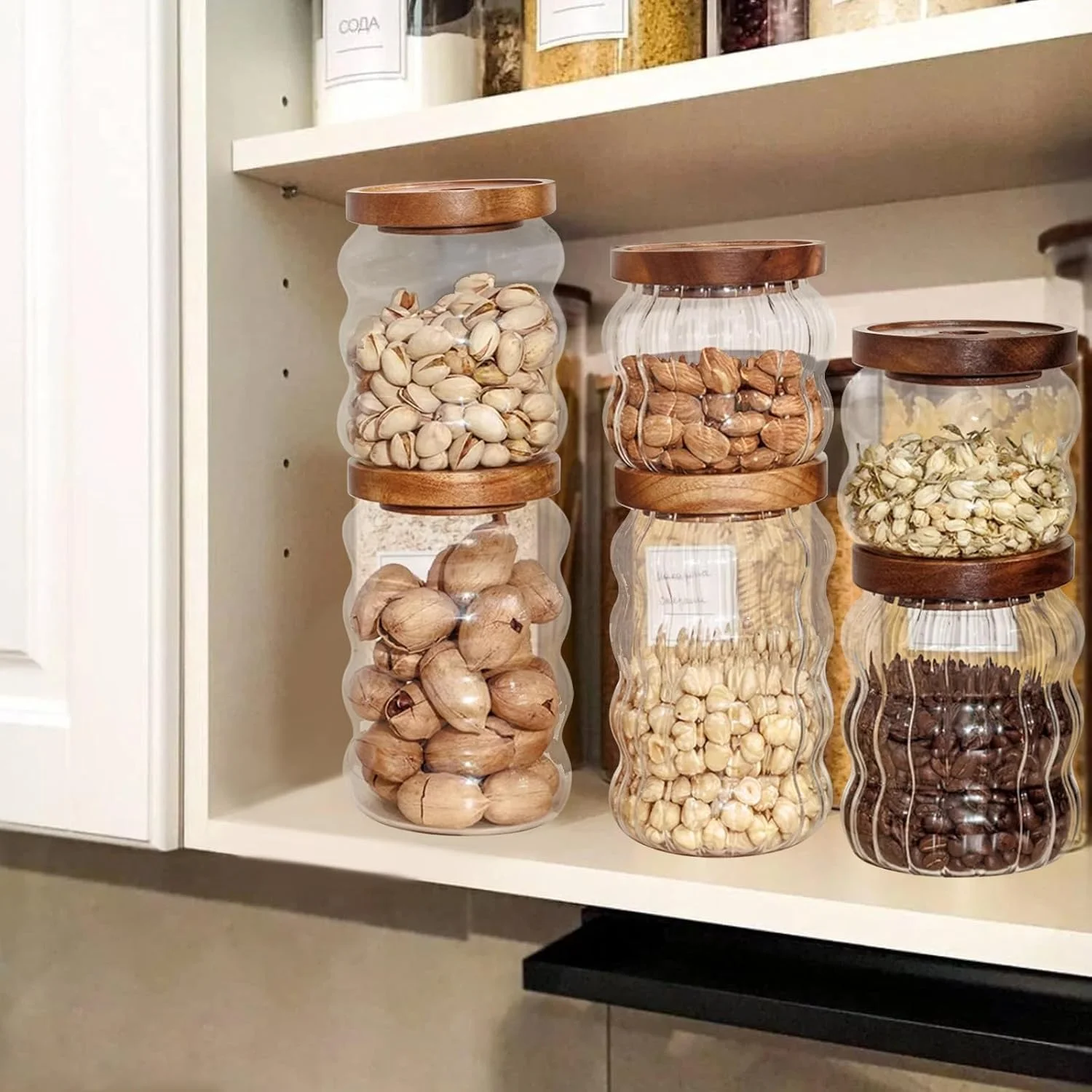 ست 3 تایی ظروف شیشه ای درب چوبی آکاسیا، ظروف نگهداری مواد غذایی برای قهوه، چای، ادویه جات، غلات، تنقلات، شکر، ظروف سازگار با محیط زیست و قابل استفاده مجدد برای سازماندهی مواد غذایی در آشپزخانه