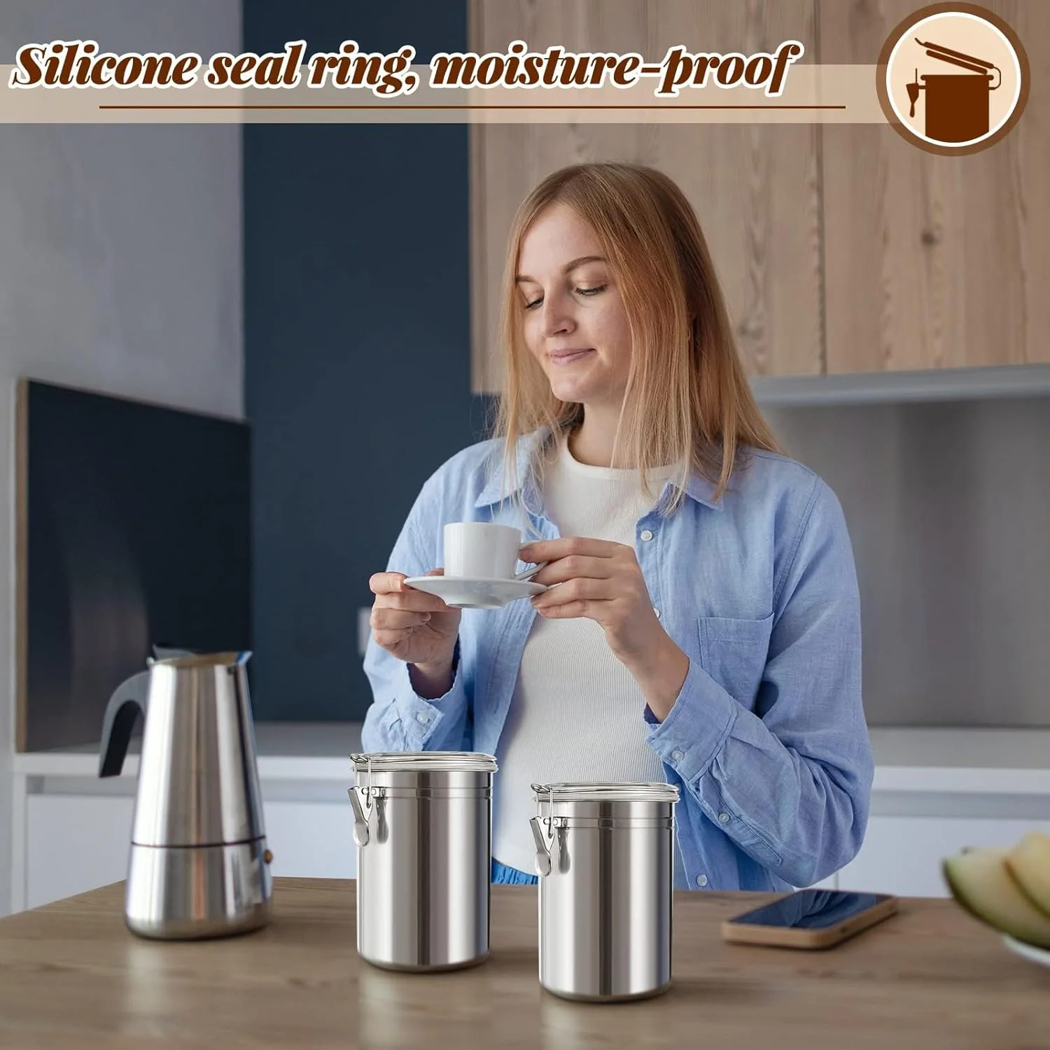 ست 6 عددی ظروف استیل KASTWAVE، ظروف استیل 1800 میلی لیتری با درب، ظروف نگهداری مواد غذایی با درب گیره دار هواگیر، ظروف قهوه برای چای، شکر، قهوه، آرد، مناسب برای پیشخوان آشپزخانه