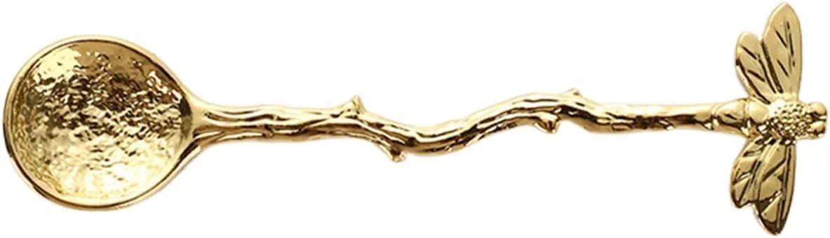 ست 4 عددی قاشق چای خوری طلایی طرح سنجاقک - قاشق های بلند و ظریف قهوه و چای برای هم زدن شکر، دسر، کیک، ظروف آشپزخانه استیل ضد زنگ قابل استفاده مجدد