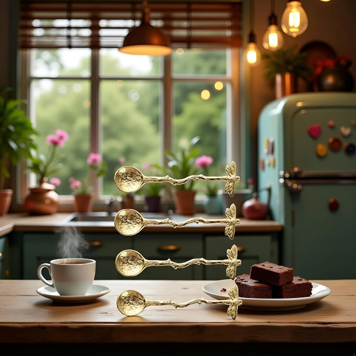 ست 4 عددی قاشق چای خوری طلایی طرح سنجاقک - قاشق های بلند و ظریف قهوه و چای برای هم زدن شکر، دسر، کیک، ظروف آشپزخانه استیل ضد زنگ قابل استفاده مجدد