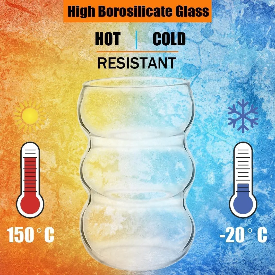 ست 4 عددی لیوان شیشه ای آجدار KASTWAVE، ظروف شیشه ای کریستالی وینتیج 550 میلی لیتری همراه با نی، مناسب برای قهوه سرد، نوشابه، چای، شیر و آبمیوه، قابل شستشو در ماشین ظرفشویی