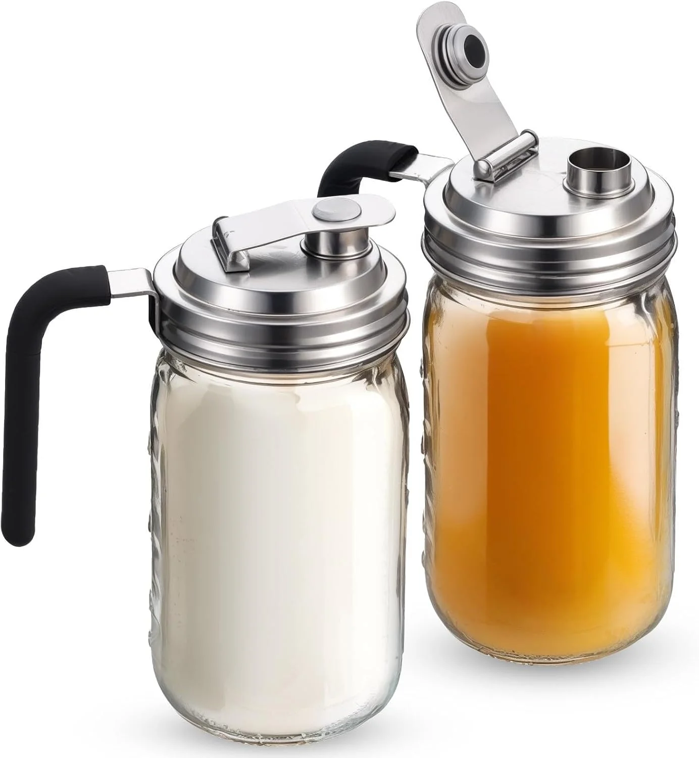 ست 2 عددی پارچ شیشه ای دهانه گشاد 946 میلی لیتری با درب استیل ضد زنگ و ضد نشت - ظروف شیشه ای قابل استفاده مجدد برای قهوه سرد، لیموناد، آب میوه، شیر، چای آفتابی و نوشیدنی های سرد