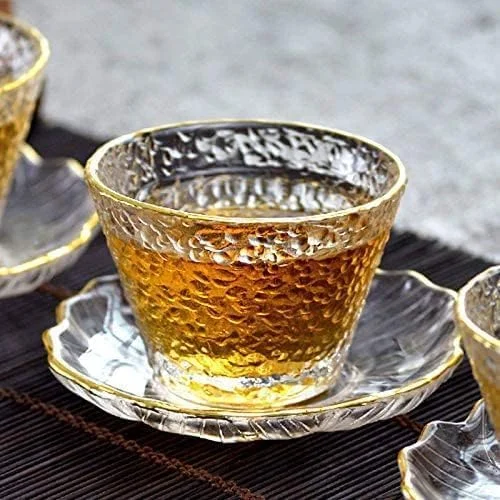 فنجان چای شیشه ای KASTWAVE، بسته 4 عددی، لبه طلایی، شیشه شفاف مقاوم در برابر حرارت، فنجان نوشیدنی مخصوص، فنجان قهوه