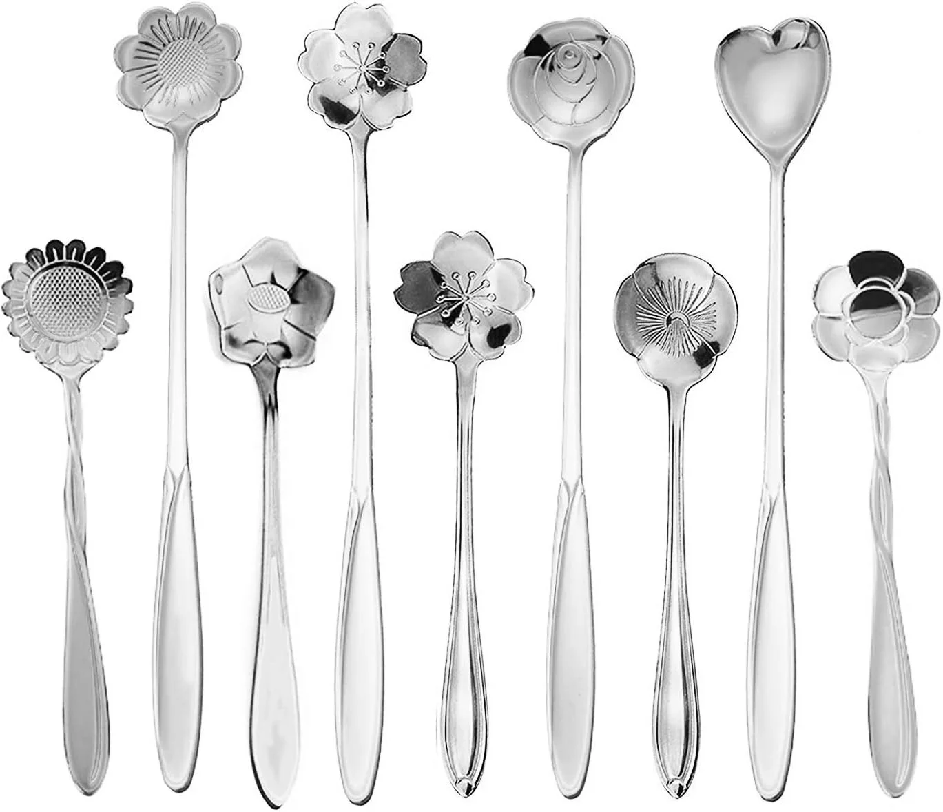 ست 9 عددی قاشق چای خوری گل، قاشق های نقره ای ظریف، بادوام و شیک، برای مهمانی های چای، هم زدن قهوه، دسر (نقره ای)