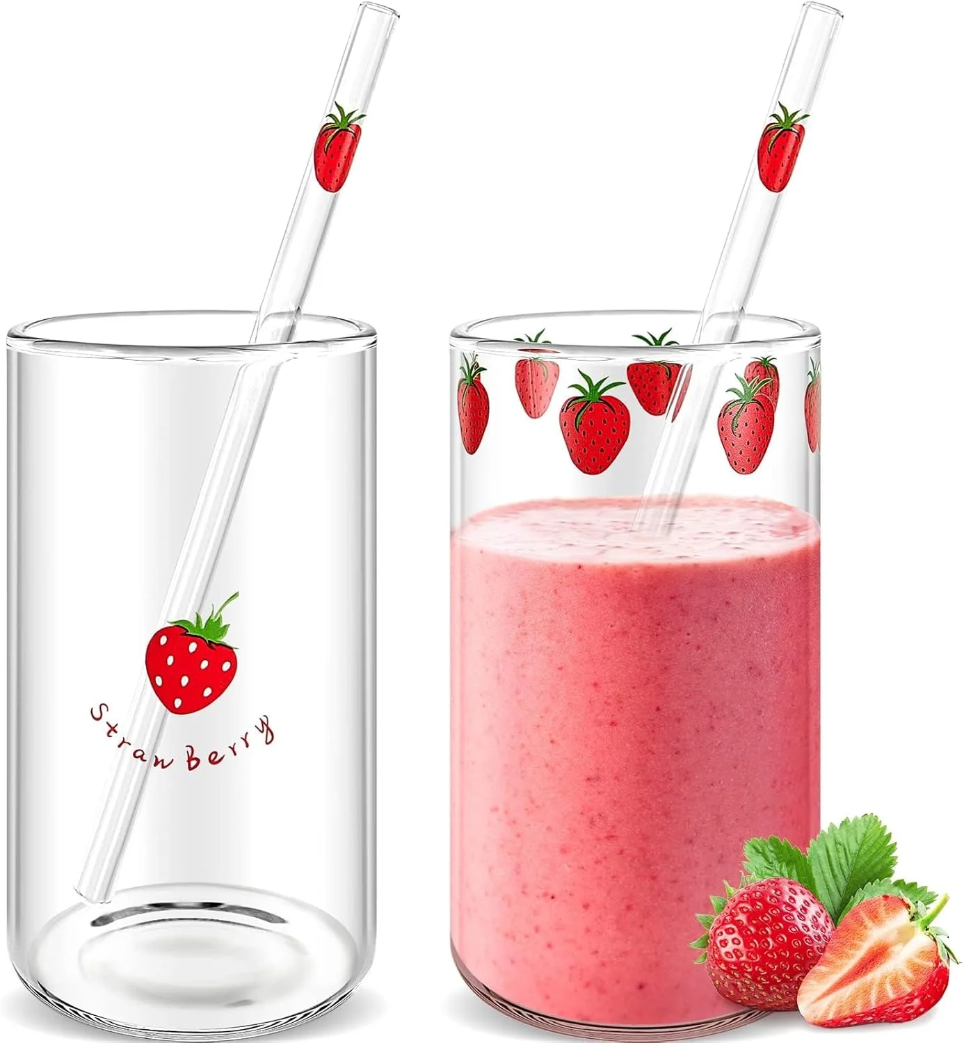لیوان توت فرنگی KASTWAVE، لیوان شیشه ای توت فرنگی با نی، لیوان دوست داشتنی شیشه ای، لیوان توت فرنگی شفاف و زیبا با نی، بطری شیشه ای با طرح توت فرنگی برای آب میوه، آب، شیر، قهوه، چای (2 ست)