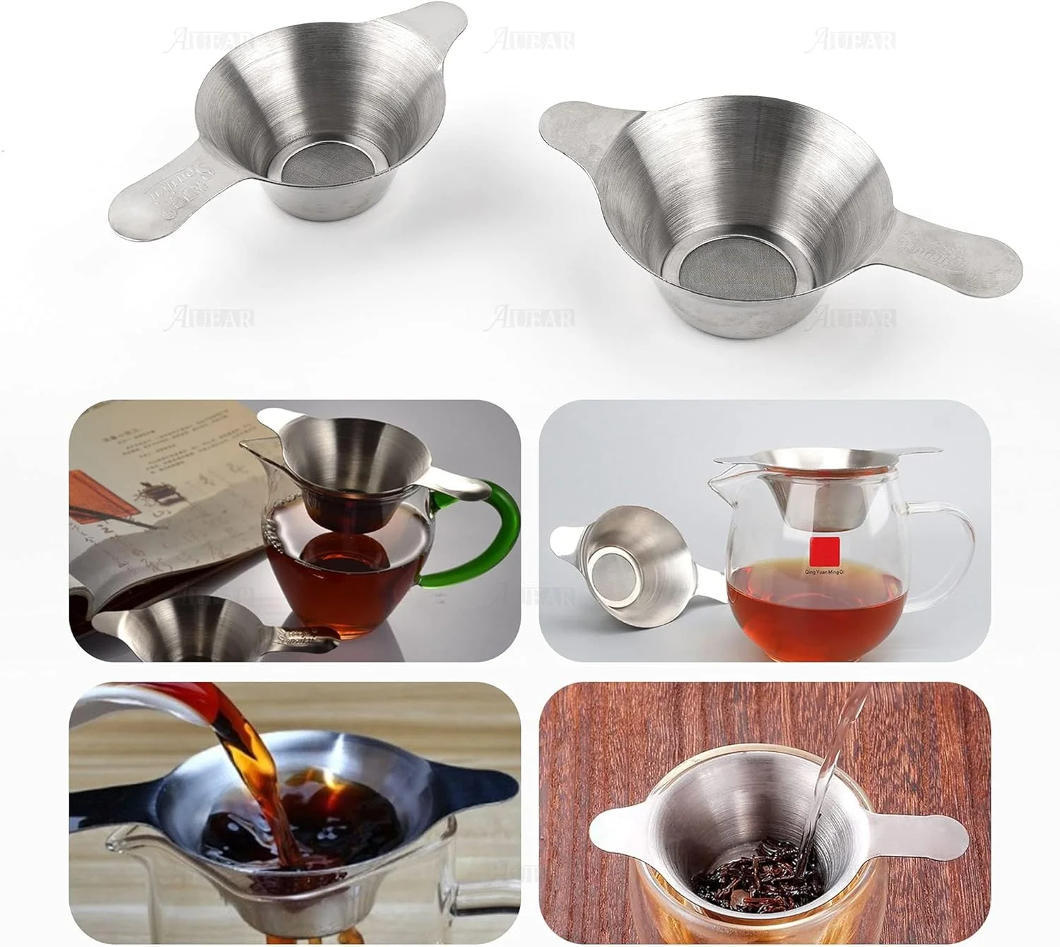 صافی چای برگ، بسته 2 عددی در اندازه های مختلف، صافی کوچک استیل ضد زنگ، قیف چای توری ریز، فیلتر قهوه چای با دسته های دوتایی