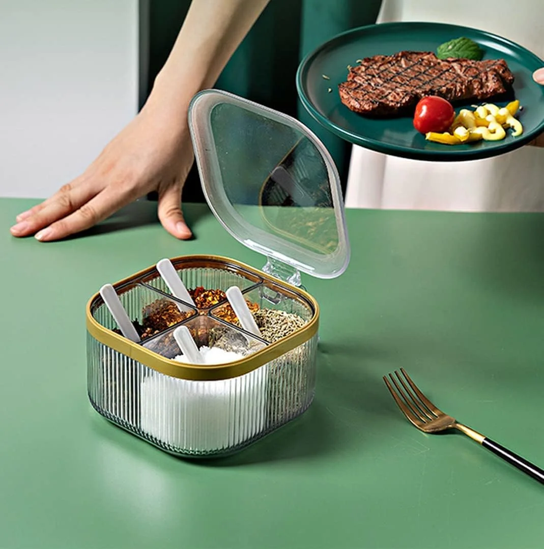 جا ادویه ای 4 قسمتی KASTWAVE با درب، ظرف نگهداری شفاف، درب و قاشق سرو، ظروف چاشنی آشپزخانه، ست پلاستیکی (زرد)