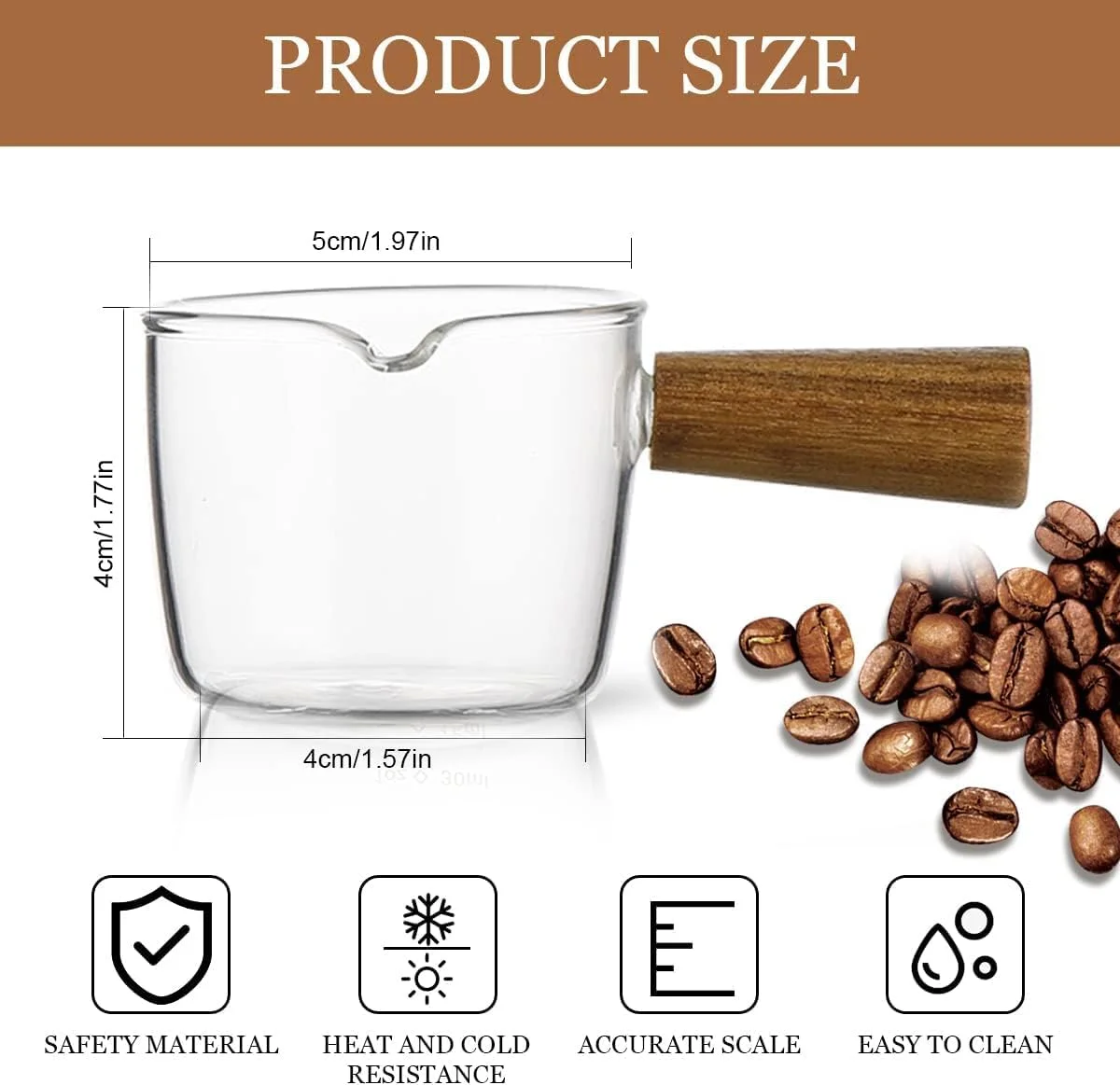 فنجان های شیشه ای اسپرسو با دسته چوبی، پیمانه اندازه گیری 2 عددی، پارچ سه گانه، فنجان شیر، کارافه جایگزین قهوه، شات های شیشه ای اسپرسو برای شیر قهوه، 75 میلی لیتر