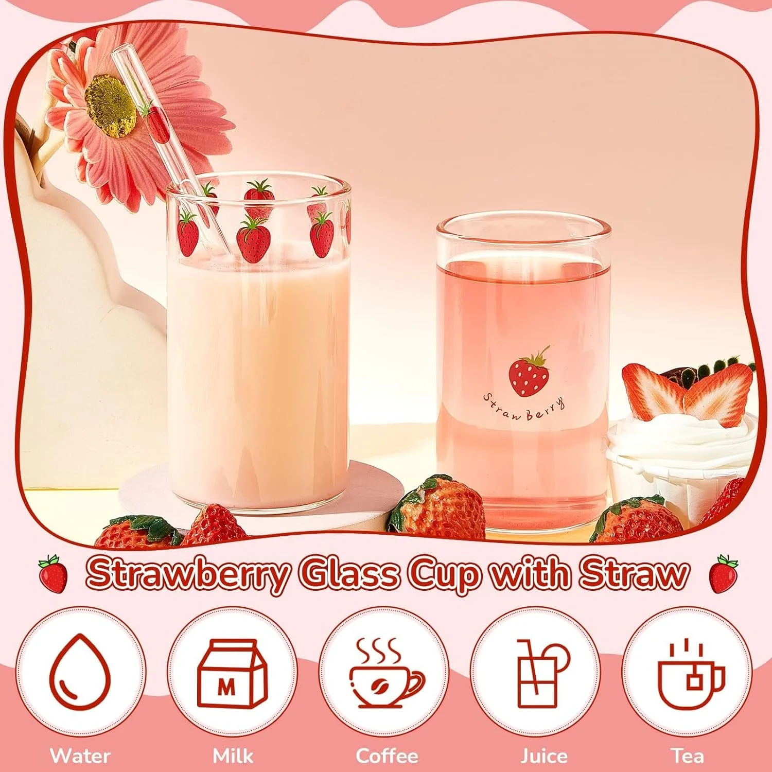 لیوان توت فرنگی KASTWAVE، لیوان شیشه ای توت فرنگی با نی، لیوان دوست داشتنی شیشه ای، لیوان توت فرنگی شفاف و زیبا با نی، بطری شیشه ای با طرح توت فرنگی برای آب میوه، آب، شیر، قهوه، چای (2 ست)