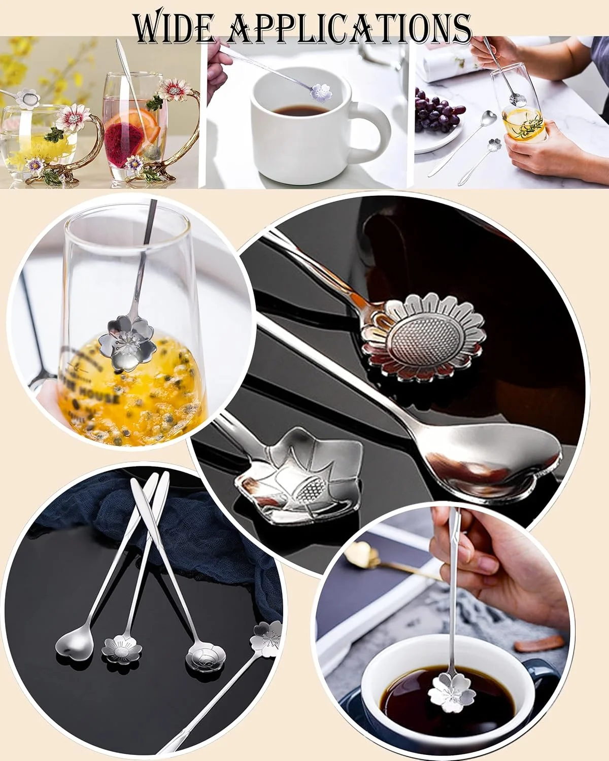 ست 9 عددی قاشق چای خوری گل، قاشق های نقره ای ظریف، بادوام و شیک، برای مهمانی های چای، هم زدن قهوه، دسر (نقره ای)