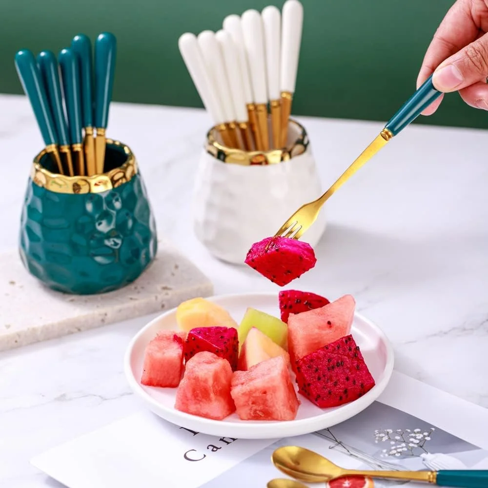 ست قاشق قهوه سرامیکی KASTWAVE با نگهدارنده - شامل قاشق چایخوری فلزی و قاشق بستنی برای دسرها و نوشیدنی ها