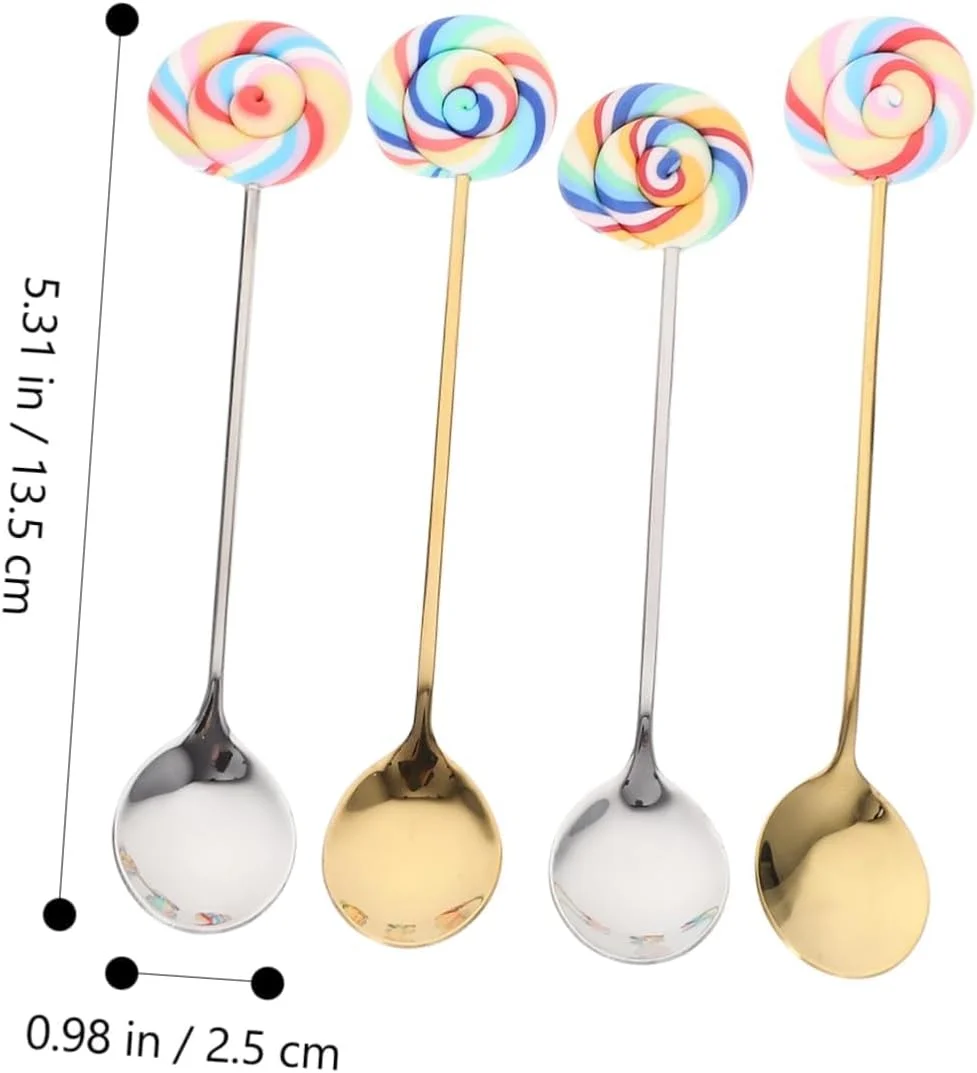 ست قاشق چای و قهوه استیل 4 عددی - طراحی آب نبات چوبی تزئینی برای مخلوط کردن، هم زدن و سرو