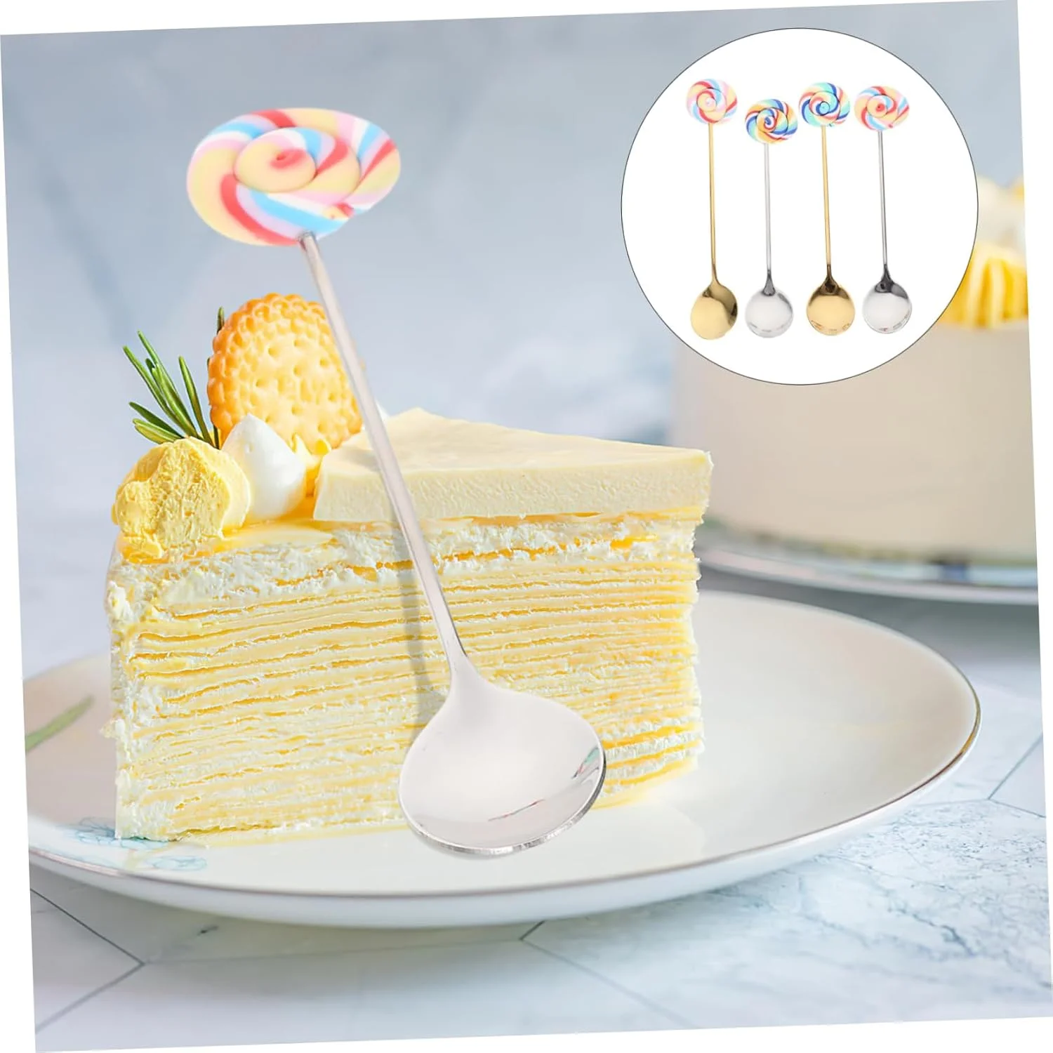 ست قاشق چای و قهوه استیل 4 عددی - طراحی آب نبات چوبی تزئینی برای مخلوط کردن، هم زدن و سرو