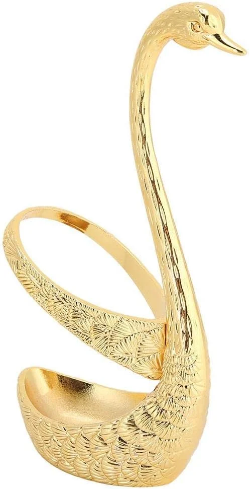 ست قاشق قهوه KASTWAVE با جا قاشقی قو شکل آلیاژ روی و ست 6 عددی قاشق قهوه استیل ضد زنگ قاشق غذاخوری برای کیک سالاد کوکتل دسر مارشمالو (طلایی)