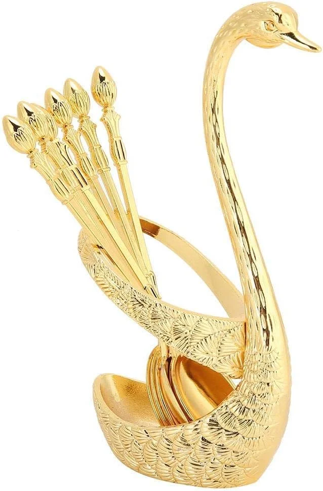 ست قاشق قهوه KASTWAVE با جا قاشقی قو شکل آلیاژ روی و ست 6 عددی قاشق قهوه استیل ضد زنگ قاشق غذاخوری برای کیک سالاد کوکتل دسر مارشمالو (طلایی)