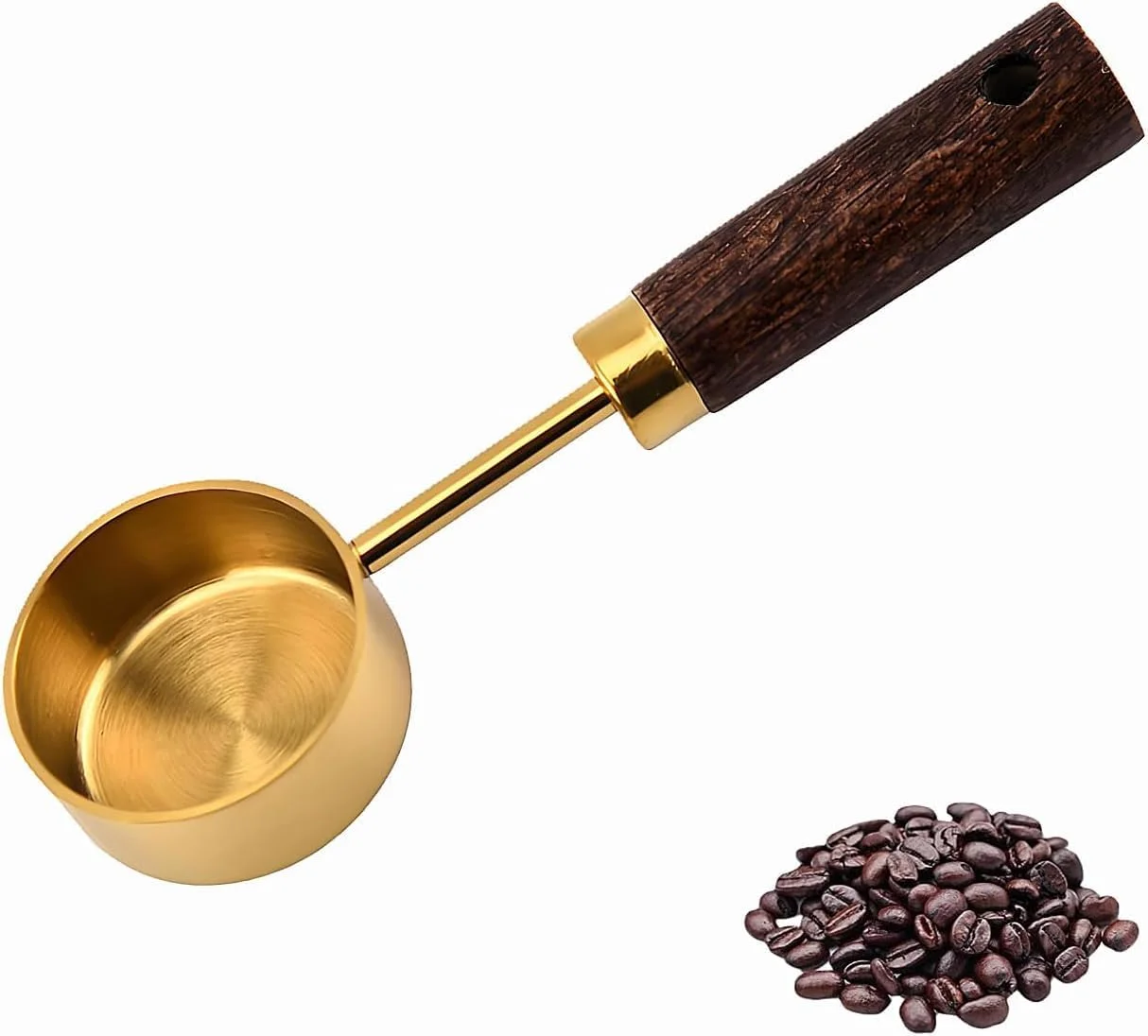 پیمانه قهوه استیل ضد زنگ، قاشق اندازه گیری قهوه وینتیج، قاشق قهوه 15 گرمی با دسته چوبی گردو برای قهوه، چای، شیر خشک و موارد دیگر (طلایی)