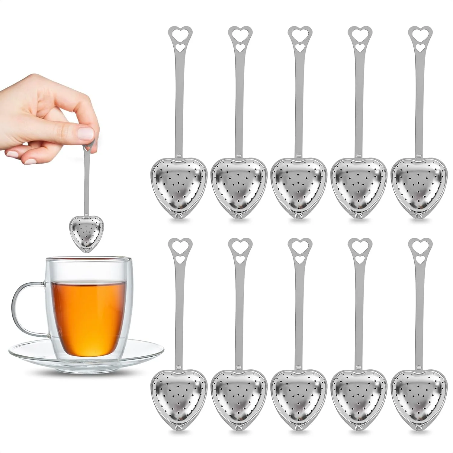ست قاشق صافی چای طرح قلب - 10 عدد صافی توری ریز استیل، فیلتر، پخش کننده، دم کننده برای چای برگ باز