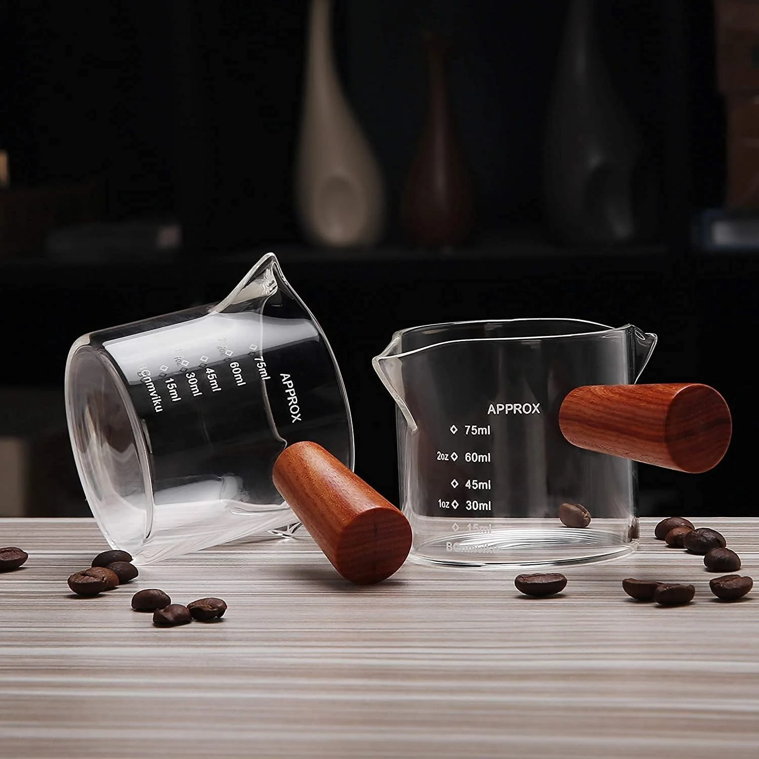فنجان اندازه گیری اسپرسو KASTWAVE، فنجان اندازه گیری دو دهانه، پارچ سه گانه شیر، با دسته چوبی 75 میلی لیتر، لیوان های شات اسپرسو قطعات شیشه ای شفاف، لیوان های شات اسپرسو پارچ سه گانه باریستا (1 بسته)
