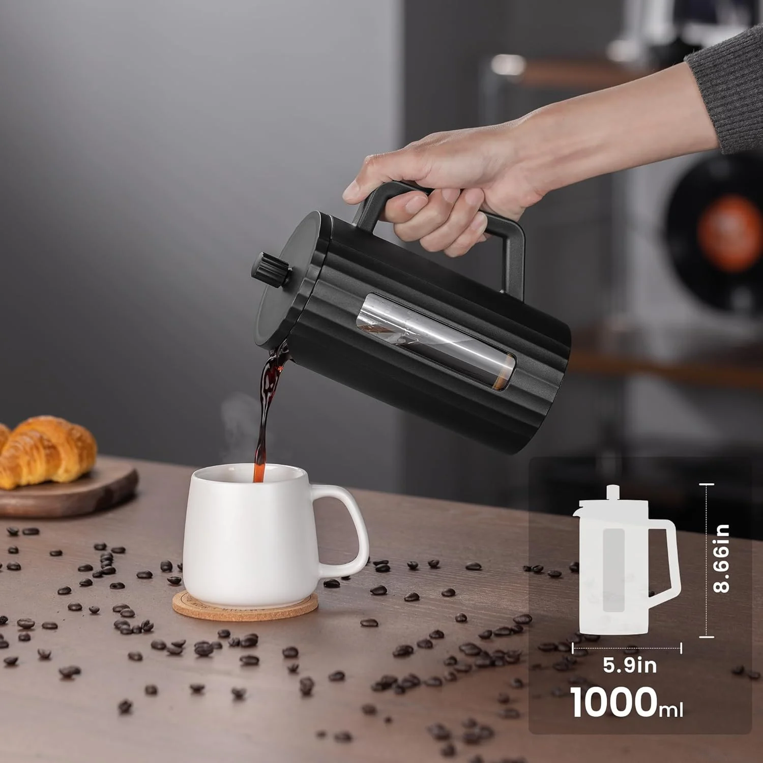 قهوه ساز فرنچ پرس - شیشه بوروسیلیکات با پرس چای استیل 3 لایه، فرنچ پرس بزرگ برای خانه، دفتر، آشپزخانه و مسافرت، طراحی شیک مشکی (مشکی) قهوه ساز فرنچ پرس - شیشه بوروسیلیکات با پرس چای استیل 3 لایه، فرنچ پرس بزرگ برای خانه، دفتر، آشپزخانه و مسافرت، طراحی شیک مشکی (مشکی)