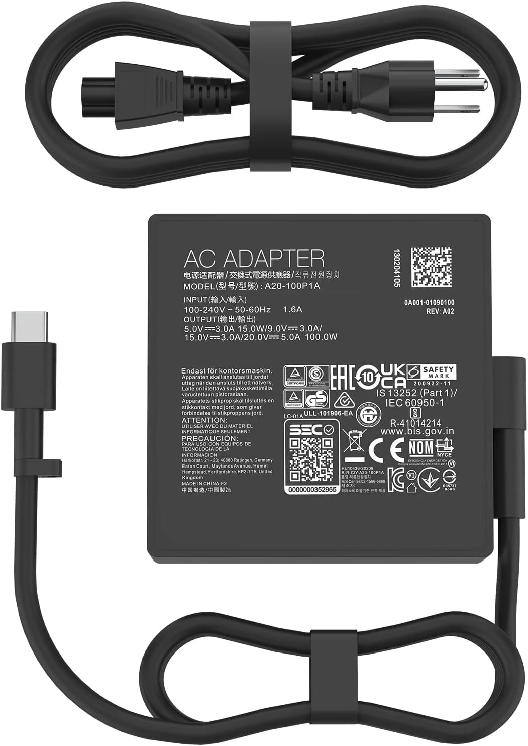 آداپتور 100 واتی USB-C آکسیلا ROG برای ایسوس 20V/5A 100W AC100-00(A20-100P1A)/US 90XB077N-MPW040، شارژر جهانی لپ تاپ با فناوری USB PD3.0، پشتیبانی از 100-240 ولت، 50-60 هرتز 5V/3A 9V/3A 15V/3A