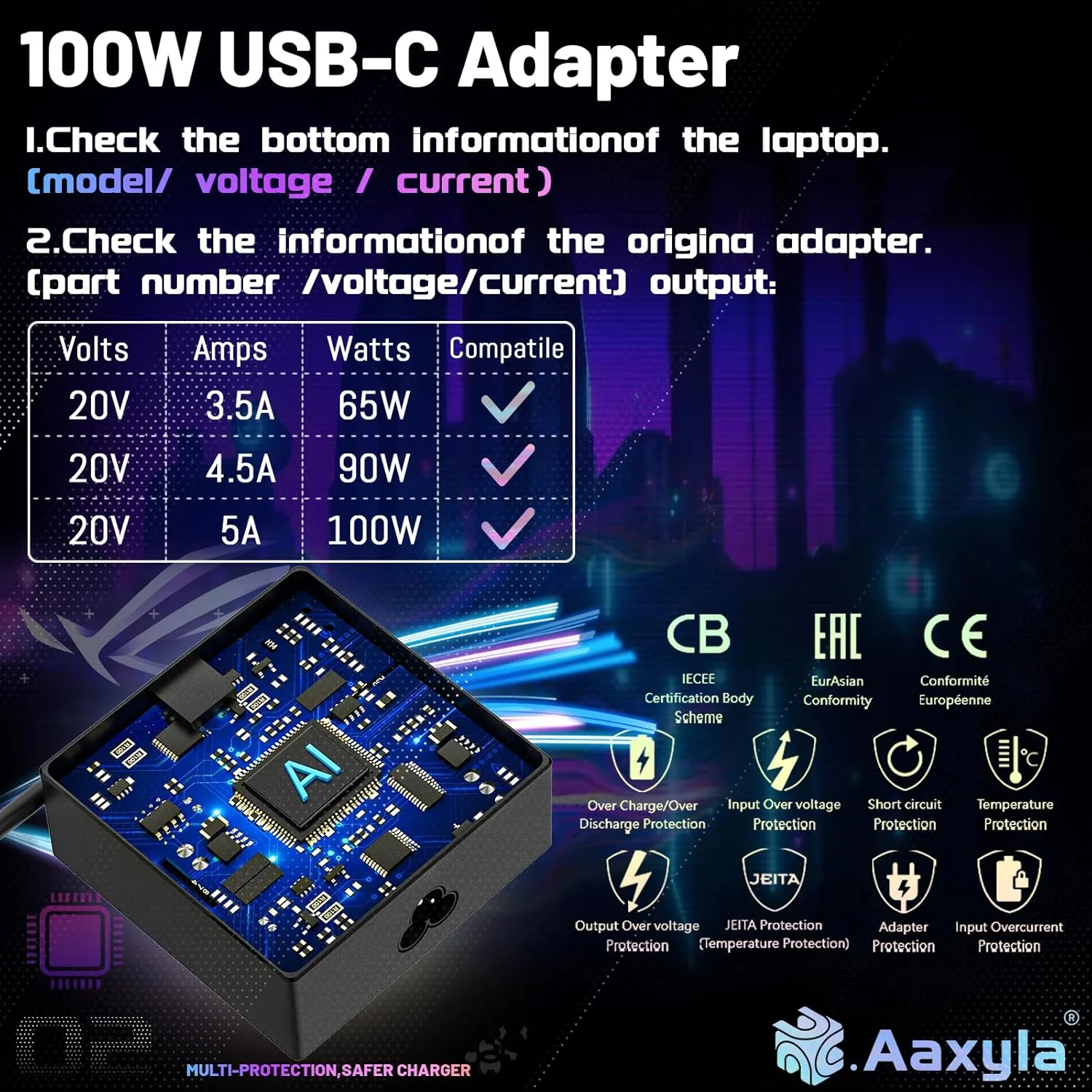 آداپتور 100 واتی USB-C آکسیلا ROG برای ایسوس 20V/5A 100W AC100-00(A20-100P1A)/US 90XB077N-MPW040، شارژر جهانی لپ تاپ با فناوری USB PD3.0، پشتیبانی از 100-240 ولت، 50-60 هرتز 5V/3A 9V/3A 15V/3A
