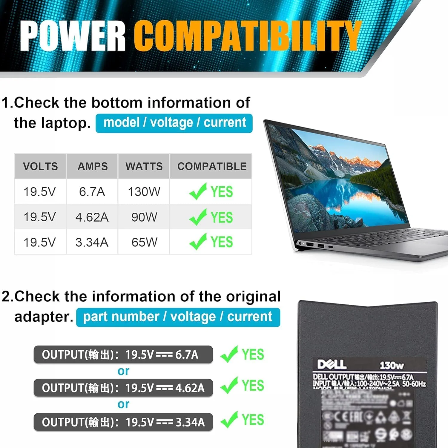 آداپتور برق 130 واتی لپ تاپ سازگار با Dell Inspiron 15 7000 7559، سازگار با شارژر Dell G3 G5، داک استیشن Dell d6000 PA-4E LA130PM121 DA130PE1-00