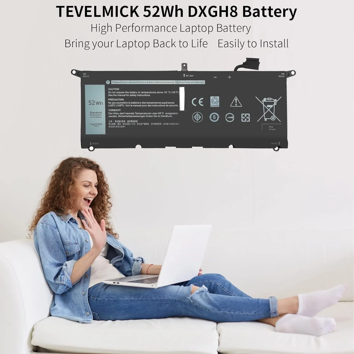 باتری لپ تاپ 52WH DXGH8 سازگار با Dell XPS 13 7390 9370 9380 2019 Inspiron 13 7390 2-in-1 7391 2-in-1 5390 N5390 14 7490 Latitude 3301 E3301 E3311 H754V 0V48RM V48RM HK6N5 P113G001 7.6V 4-Cell