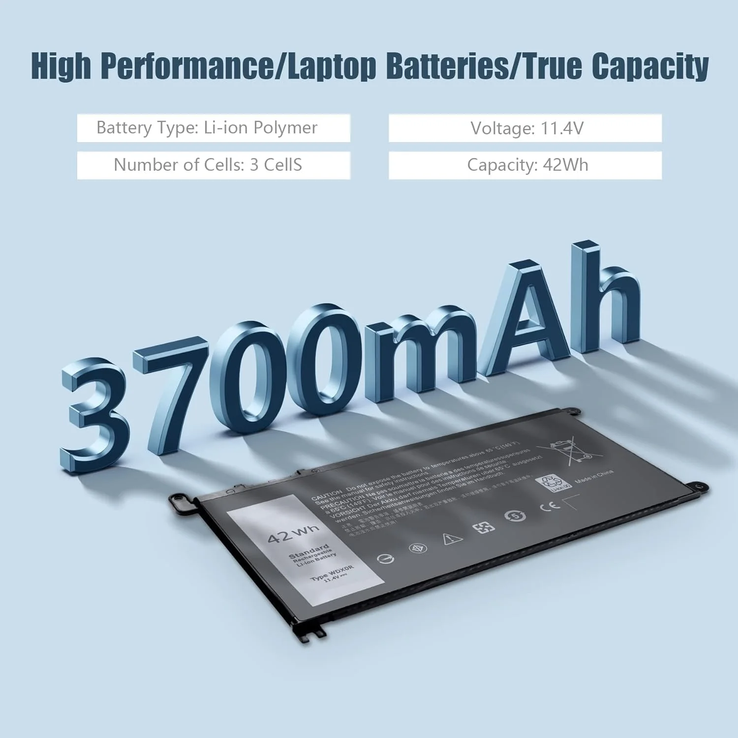 باتری WDX0R سازگار با Dell Inspiron 13 5368 5378 5379 7368 7378 14-7460 15-5565 5567 5568 5578 7570 7560 7569 7579 17-5765 5767 – جایگزین FC92N T2JX4 3CRH3 CYMGM – 11.4V 42Wh 3-Cell
