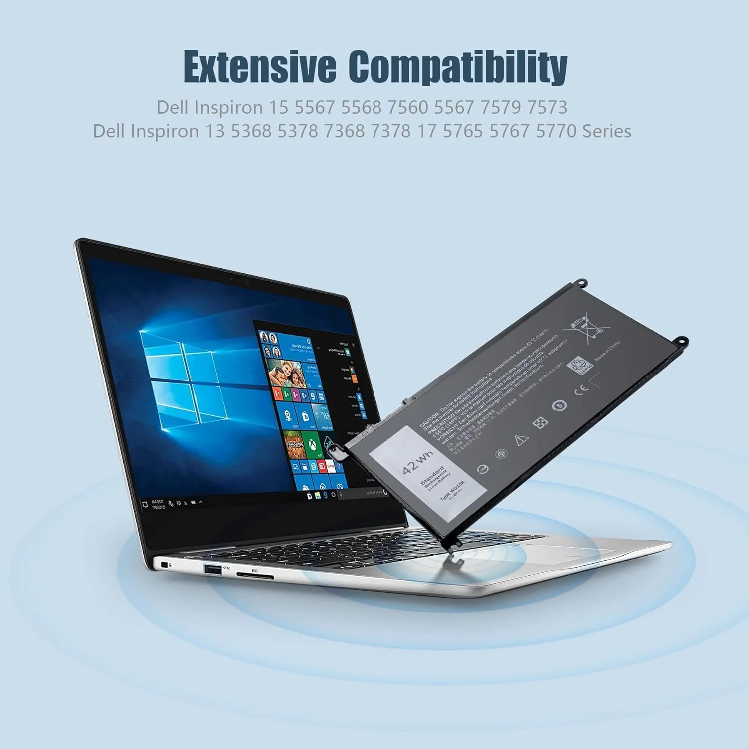 باتری WDX0R سازگار با Dell Inspiron 13 5368 5378 5379 7368 7378 14-7460 15-5565 5567 5568 5578 7570 7560 7569 7579 17-5765 5767 – جایگزین FC92N T2JX4 3CRH3 CYMGM – 11.4V 42Wh 3-Cell