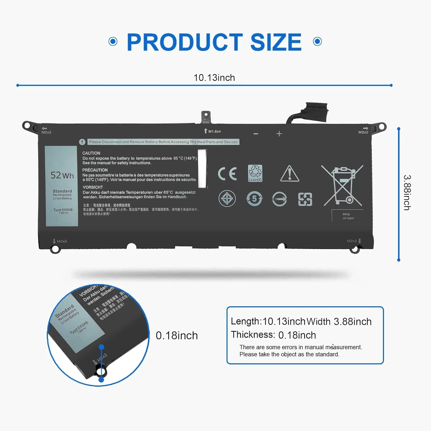 باتری لپ تاپ 52WH DXGH8 سازگار با Dell XPS 13 7390 9370 9380 2019 Inspiron 13 7390 2-in-1 7391 2-in-1 5390 N5390 14 7490 Latitude 3301 E3301 E3311 H754V 0V48RM V48RM HK6N5 P113G001 7.6V 4-Cell