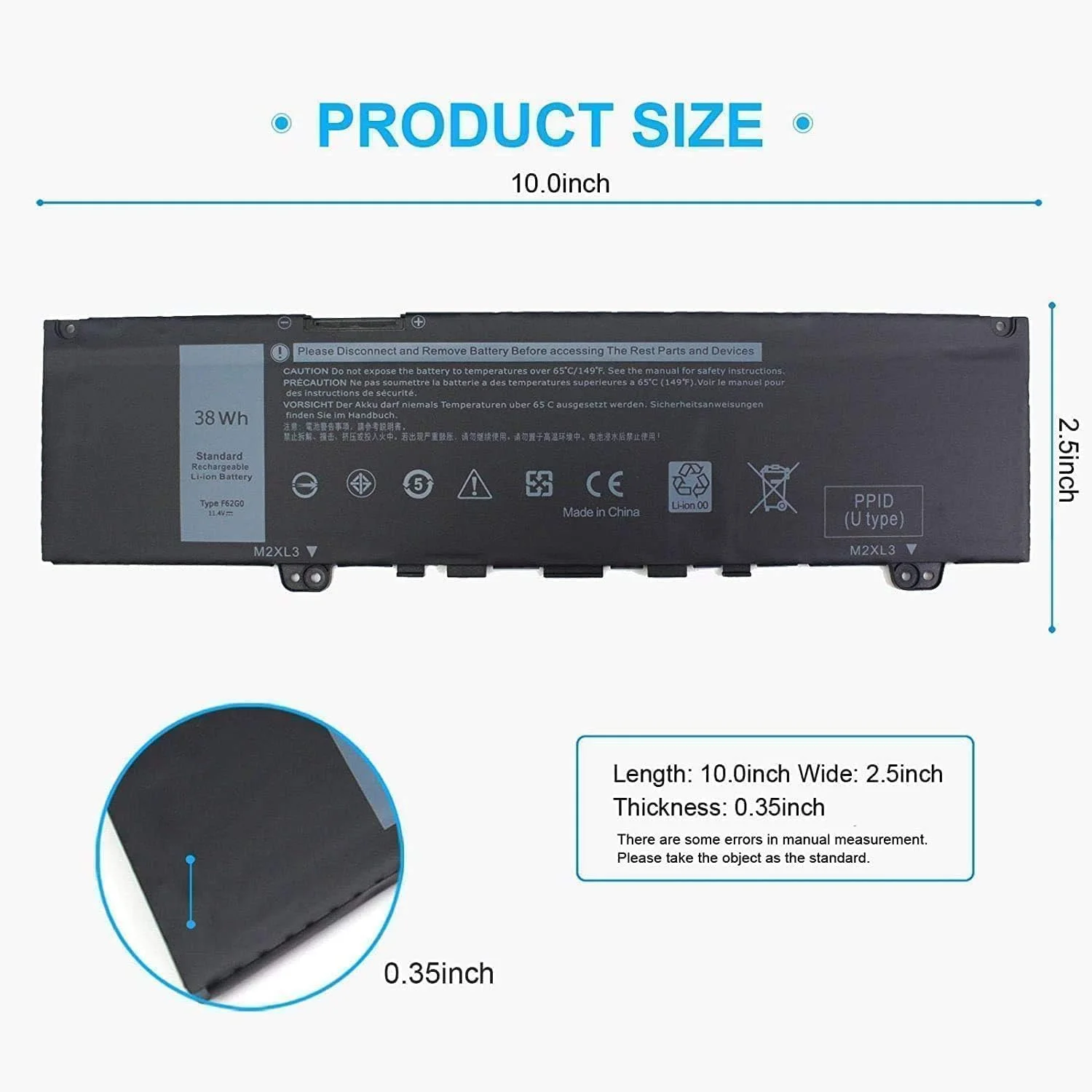 باتری جدید سازگار 38WH 39DY5 F62G0 برای / دل Inspiron 13 7000 i7373 7373 7386 2-in-1 7370 7380 5370 P83G P87G P91G P83G001 P83G002 P87G001 Vostro 13