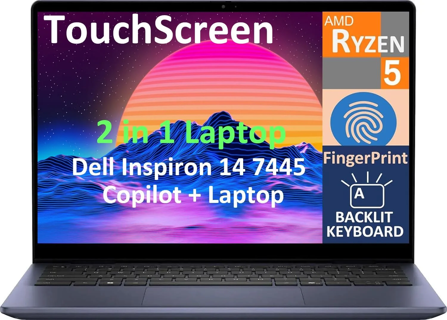 لپ تاپ تجاری 2 در 1 Dell Inspiron 14 7445 مدل 2025، صفحه نمایش لمسی 14.0 اینچی IPS FHD+ (AMD Ryzen 5 8640HS، 8 گیگابایت DDR5، 512 گیگابایت SSD، هوش مصنوعی Copilot، کیبورد با نور پس زمینه، اثر انگشت، WiFi 6E، BT 5.3، ویندوز 11 هوم)