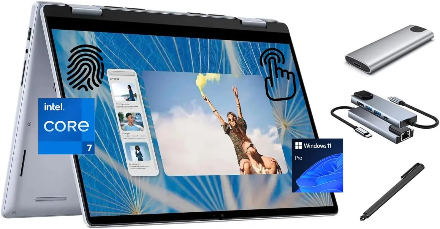 لپ تاپ 2 در 1 دل Inspiron 14 اینچی FHD با صفحه لمسی، پردازنده Intel Core 7 150U (بهتر از i7-1335U)، رم 16 گیگابایت، 1 ترابایت SSD + 512 گیگابایت SSD قابل حمل، Wi-Fi 6E، نور پس زمینه، حسگر اثر انگشت، قلم استایلوس، ویندوز 11 پرو