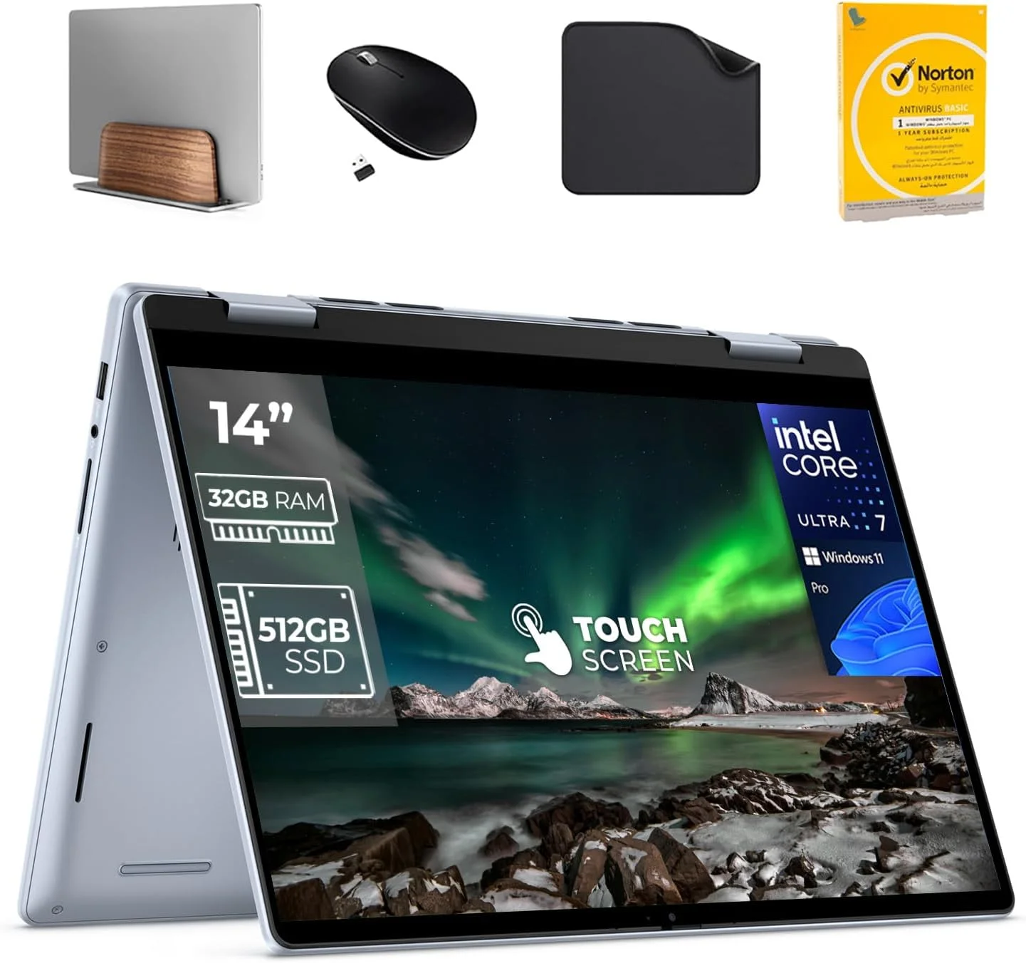 لپ تاپ 2 در 1 دل Inspiron 14-7440، پردازنده Intel Core Ultra 7-150U، رم 32 گیگابایت، SSD 512 گیگابایت، صفحه نمایش لمسی 14 اینچی FHD+، ویندوز 11 پرو با نور پس زمینه صفحه کلید (شامل پایه لپ تاپ First Wave + ماوس بی سیم + پد ماوس + آنتی ویروس)