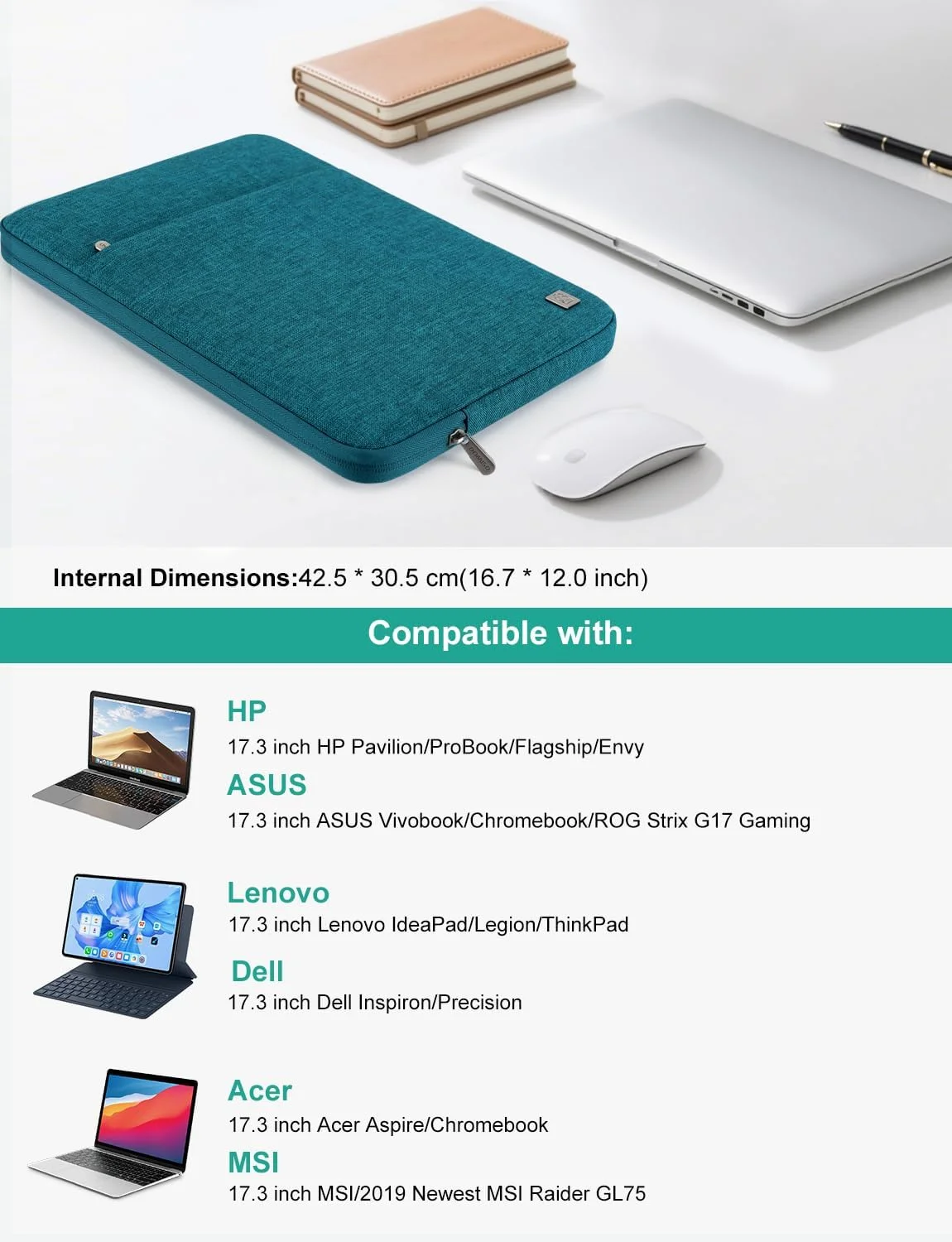 کیف لپ تاپ 17 اینچی DOMISO، کیف محافظ نوت بوک، کیف دستی حمل برای نوت بوک 17.3 اینچی/Dell Inspiron/MSI GS73VR Stealth Pro/IdeaPad 300 320 321/HP Envy/LG Gram 17 اینچی/ASUS ROG Strix GL702VS، آبی فیروزه ای