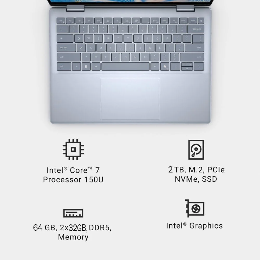 لپ تاپ تجاری 2 در 1 دل Inspiron 14 7440 (صفحه نمایش لمسی 14 اینچی FHD+، پردازنده 10 هسته ای اینتل Core 7 150U (بیشتر از i7-1355U)، رم 64 گیگابایتی، SSD 2 ترابایتی) کیبورد با نور پس زمینه، حسگر اثر انگشت، وب کم FHD، ویندوز 11 پرو با هوش مصنوعی Copilot