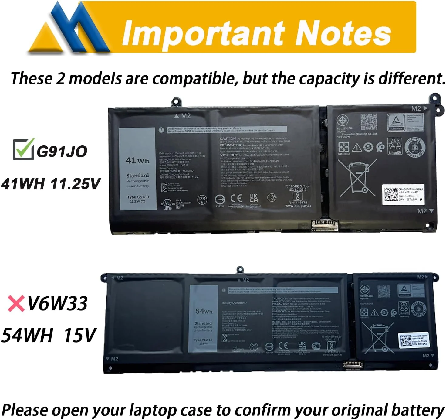 باتری جایگزین Mobik G91J0 41Wh برای Dell Latitude 3320 3330 3420 3520 Inspiron 3510 3511 3515 3525 3530 5310 5410 5418 5510 5515 5518 14 Plus 7420 7415 2-in-1 Vostro 5620 5625 V6W33 TN70C 11.25V