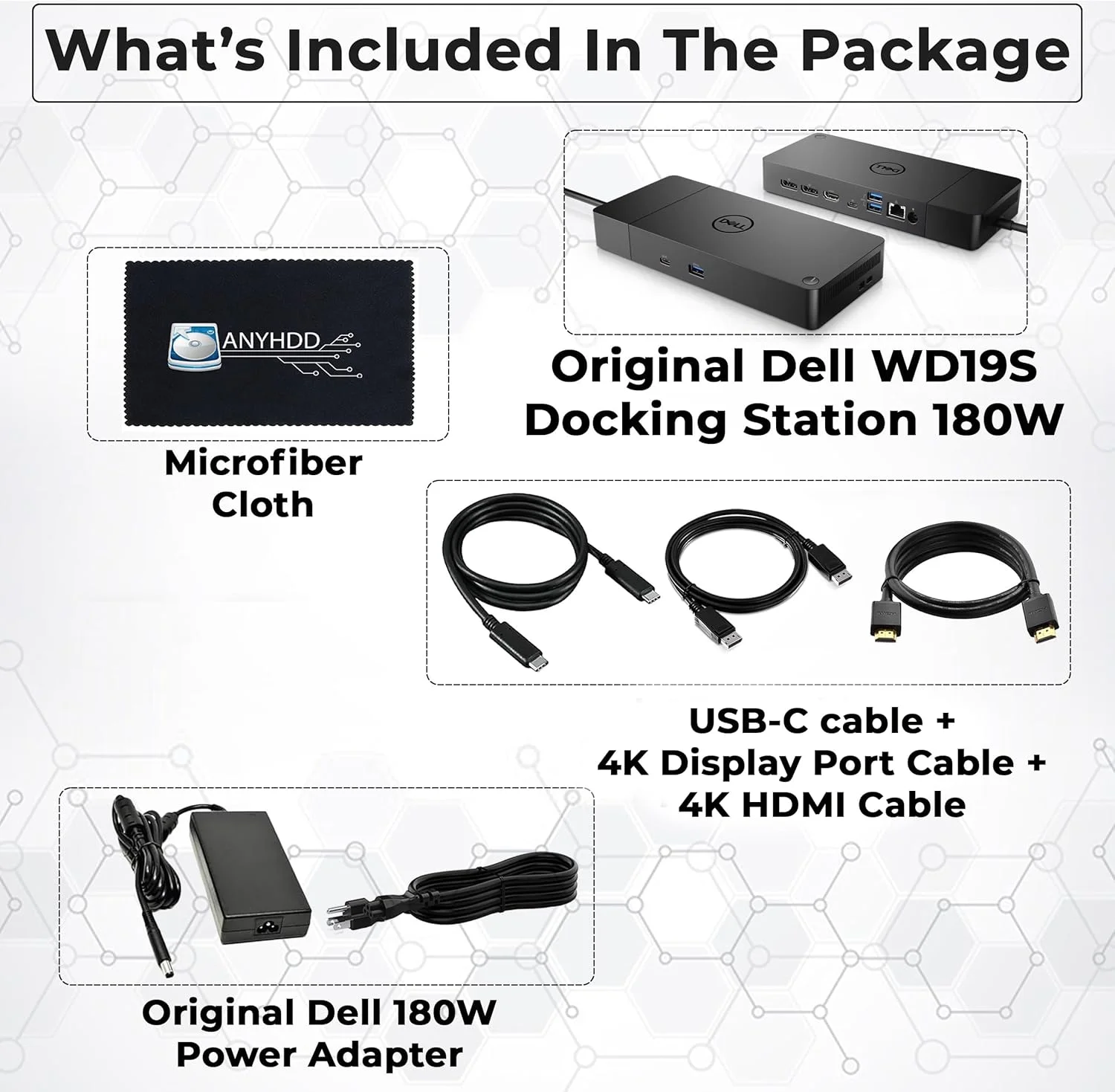 ایستگاه داکینگ Dell WD19S باندل مانیتور دوگانه - 180 وات، پشتیبانی از نمایشگر 4K، داک Dell با منبع تغذیه 180 واتی + کابل HDMI 4K + کابل DisplayPort 4K + کابل USB-C + پارچه میکروفیبر