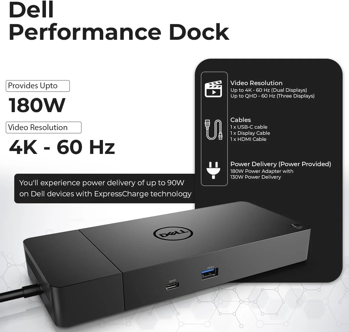 ایستگاه داکینگ Dell WD19S باندل مانیتور دوگانه - 180 وات، پشتیبانی از نمایشگر 4K، داک Dell با منبع تغذیه 180 واتی + کابل HDMI 4K + کابل DisplayPort 4K + کابل USB-C + پارچه میکروفیبر